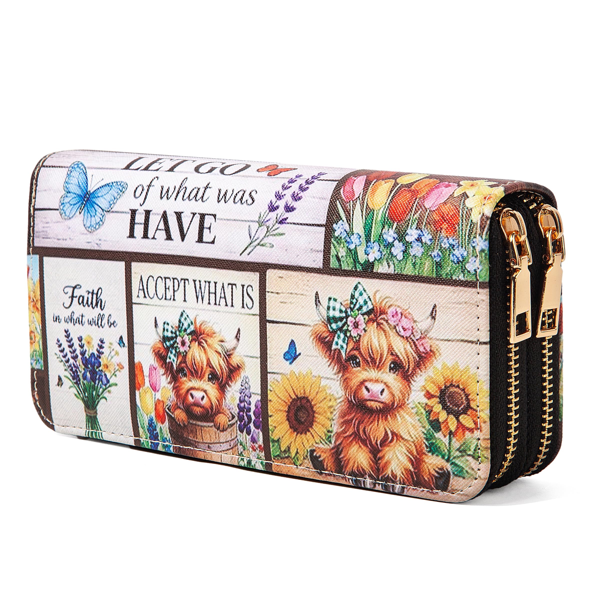 Highland Cow Wallet for Women, Double Zip Wallet with Card Slots Womens Sunflower Wallet, Faux Leather Western Wallet, Large Capacity Wallet Gift for Women