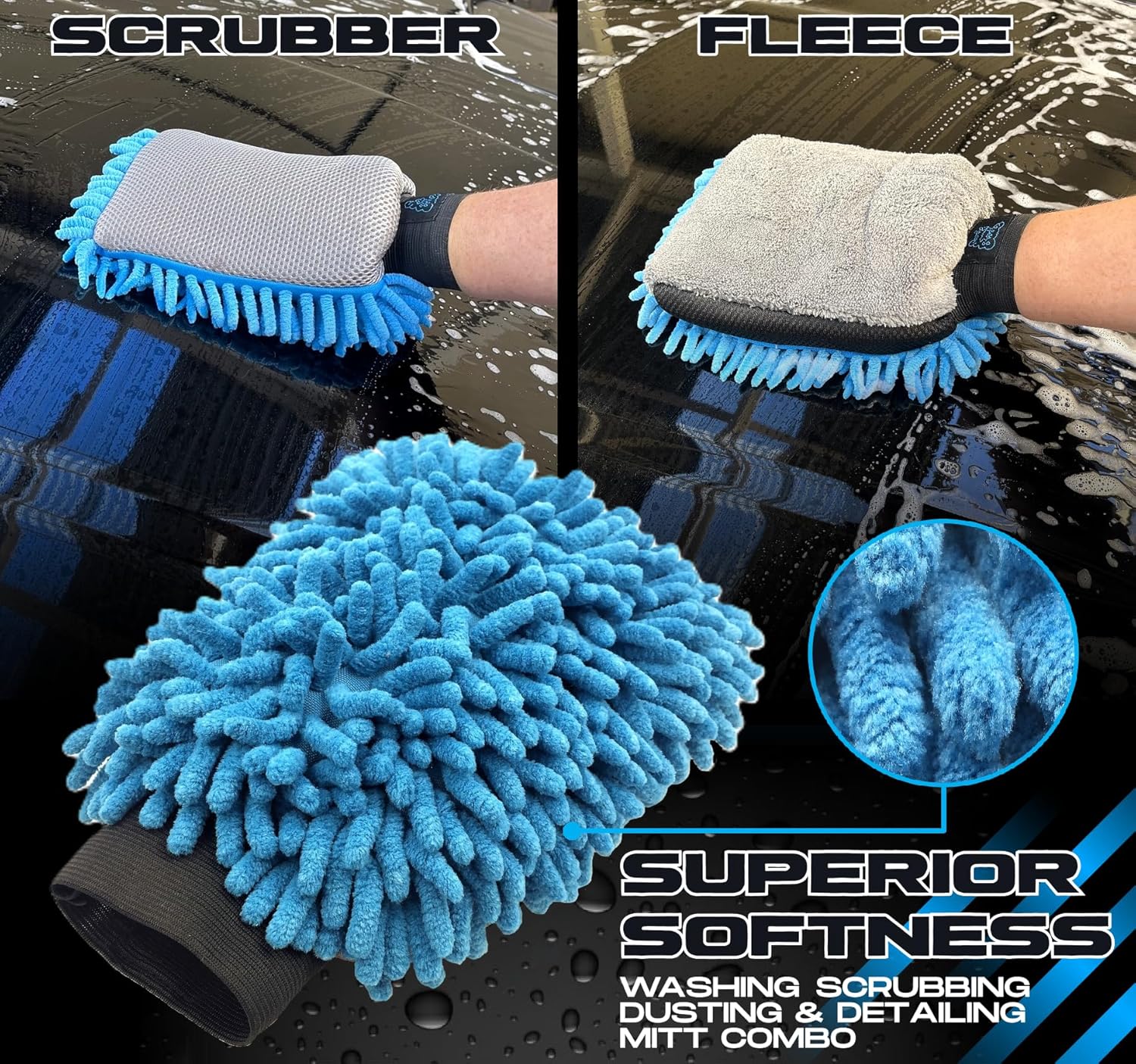 Sudz Budz® Premium Microfiber Chenille Car Washing Mitt 2 Pack | 2-in-1 Double-Sided Scrubber and Fleece Mitts. Soft, Durable, No Scratch, Lint-Free Washing and Detailing for Exterior Car Care