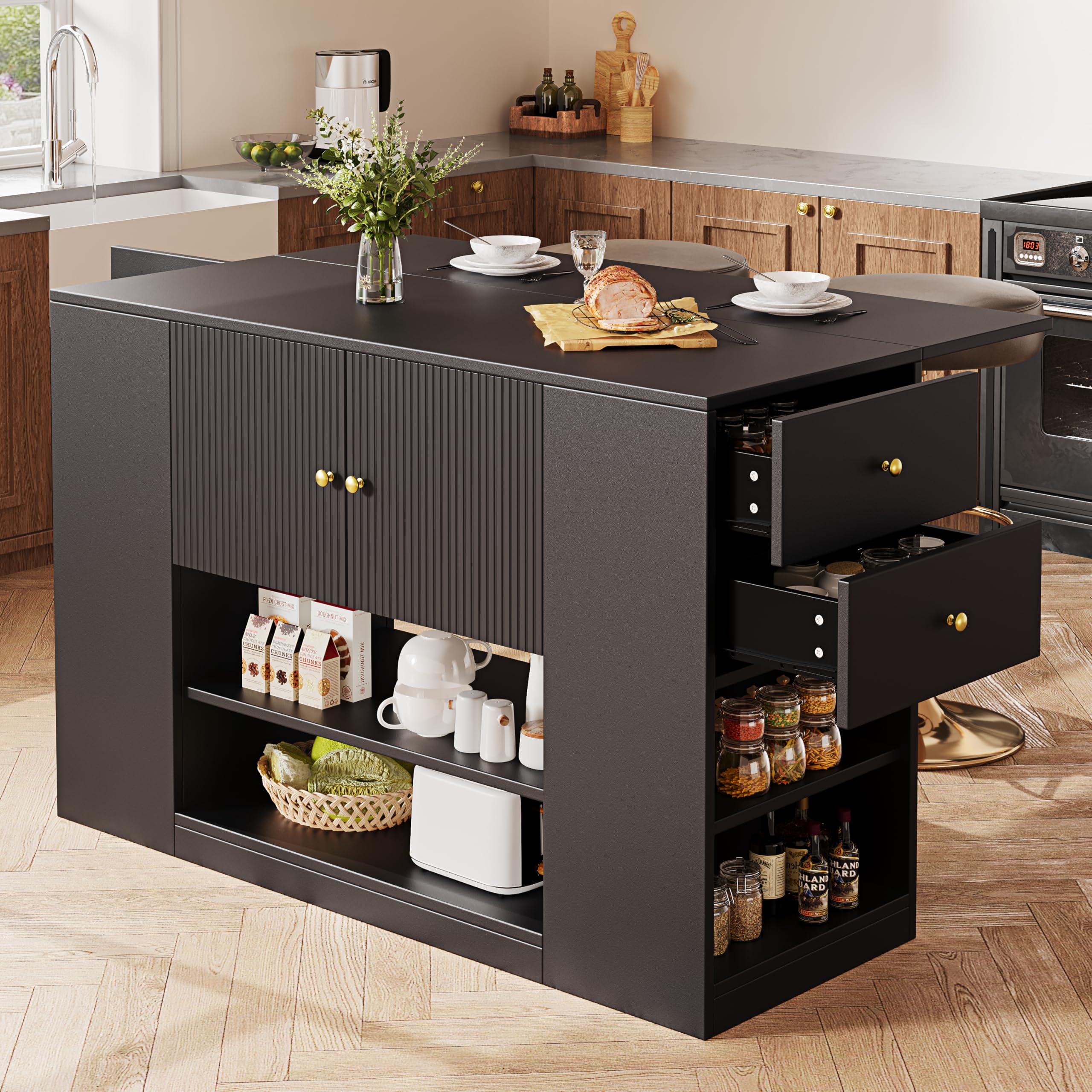 BTM Modern Kitchen Island Sideboard Kitchen Storage Cabinet With Drawers & Shelves Folding Table Worktop For Dining Room Black