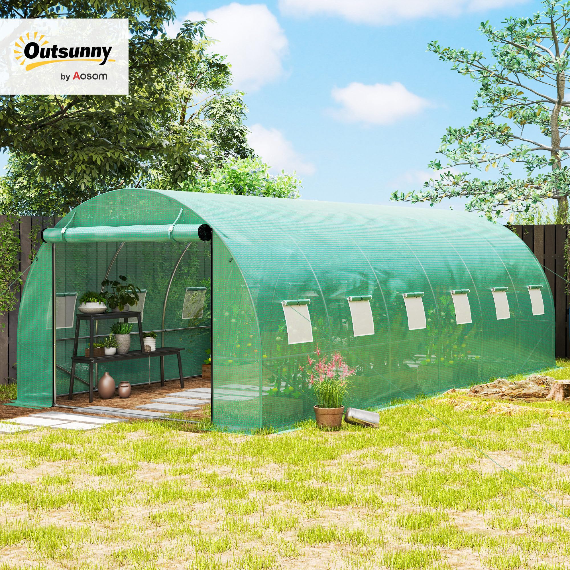 Outsunny Szklarnia 300 x 400 x 200 cm domek na pomidory z drzwiami, 12 okien, zielona | Szklarnia foliowa, tunel foliowy ze stali ocynkowanej, 170 g/m² PE, szklarnia z kotwami i linami
