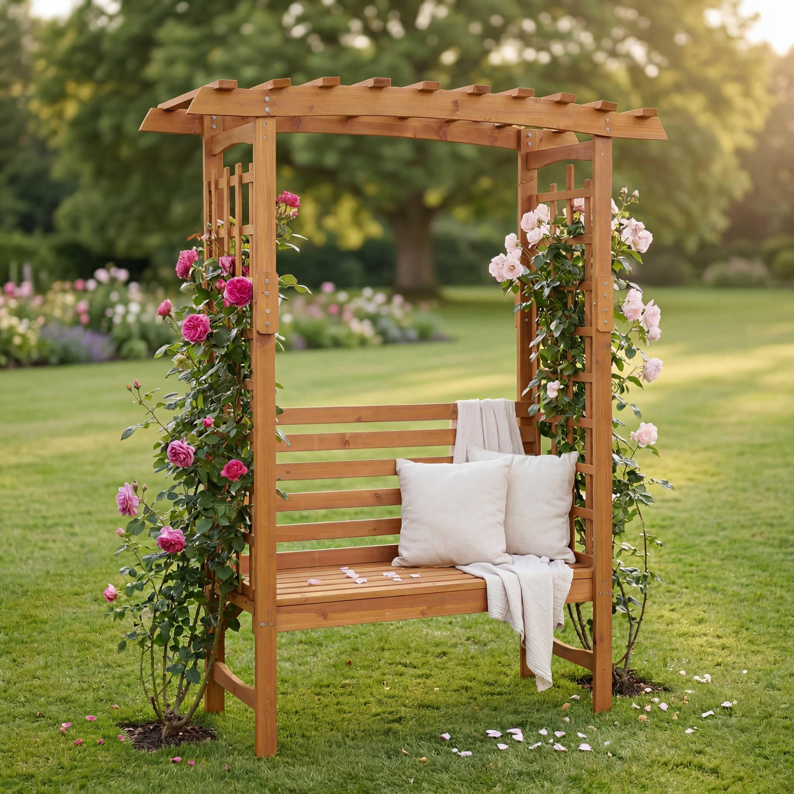 Mendler Rosenbogen mit Sitzbank HWC-Q21, Gartenbogen Rankhilfe Bank Gartenbank Holz FSC®-Zertifiziert 201x160x60cm - Natur