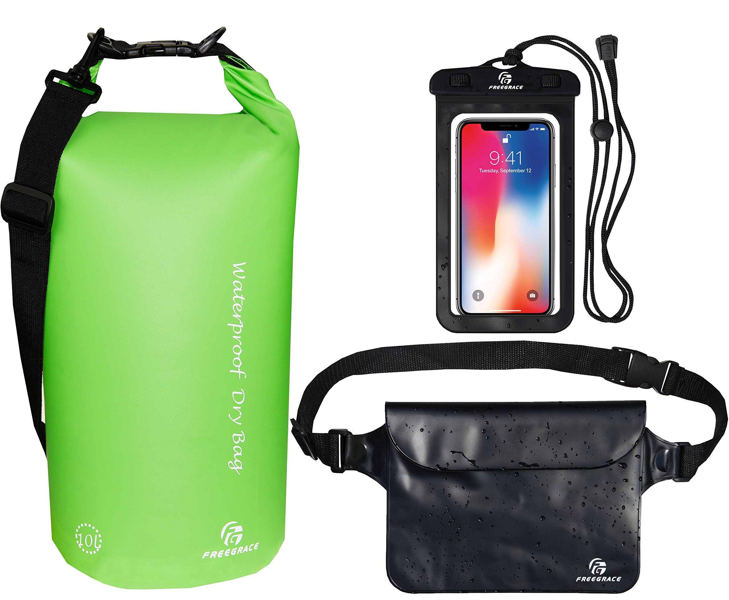 Freegrace Waterproof Dry Bags Set of 3 Dry Bag with 2 Zip Lock Seals & Detachable Shoulder Strap, Waist Pouch & Phone Case - Can Be Submerged Into