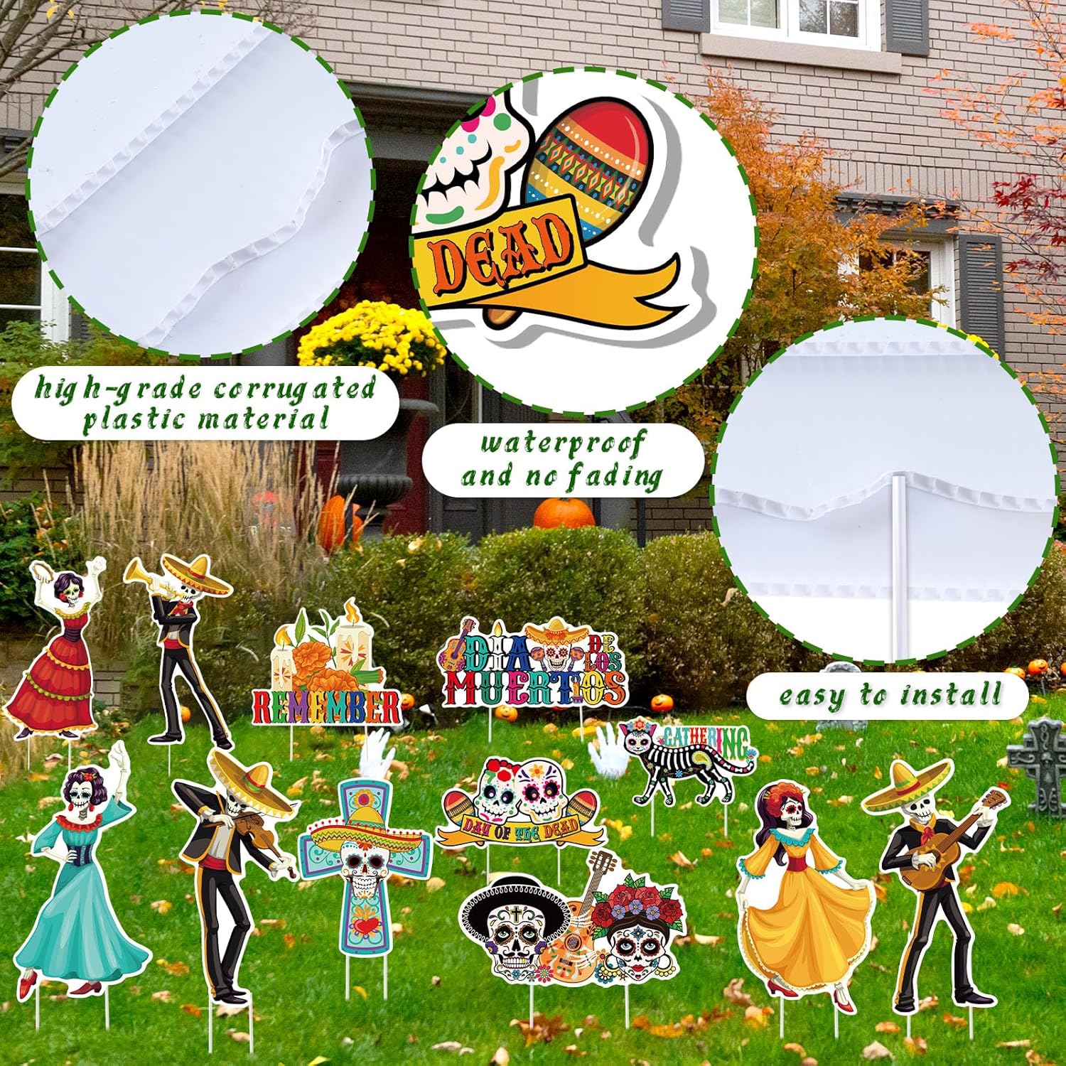 Amyhill 12 Pcs Day of the Dead Yard Decorations Halloween Outdoor Signs Decorations Dia De Los Muertos Decor Sugar Skull Sign Waterproof Mexican Fiesta Festival Party Supplies for Garden Lawn Patio - Image 4