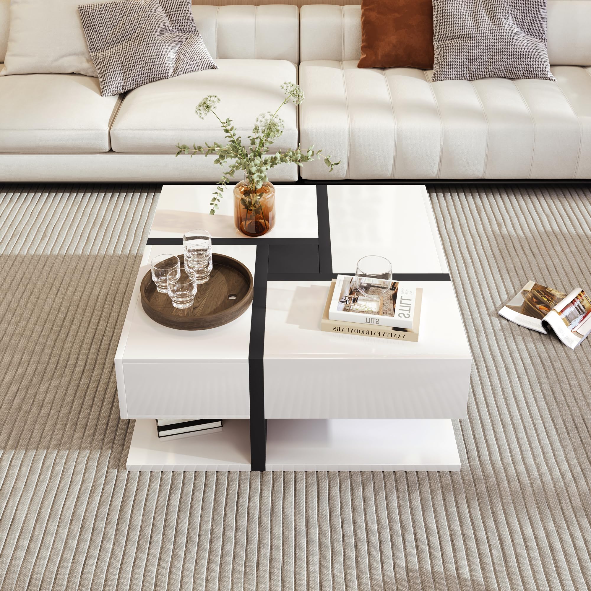 BTM Coffee Table with Storage, Squar Coffee Table with 4 Drawers and Shelf Storage Space, 78 * 78 * 45 cm, White