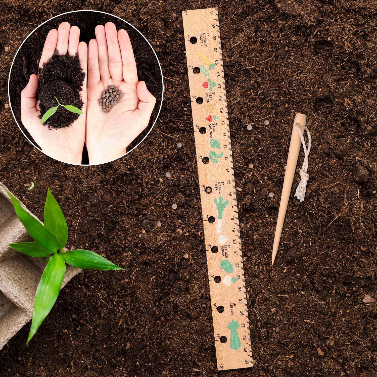 Règle De Plantation En Bois + Semoir - Outil Jardin Pour Espacement Graines - Conseils Légumes Inclus - 30 Cm - 3