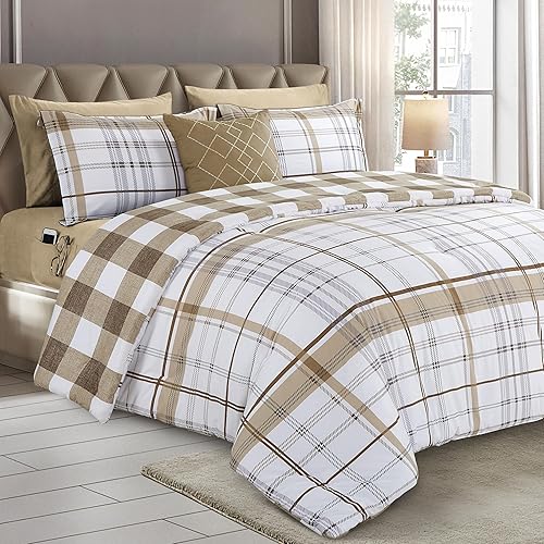 Elegant Comfort 8-Piece Lodge Plaid Reversible Comforter Set - All Season Bed in a Bag, 4-Piece Sheet Set Featuring Smart Pockets, Matching Shams and Decorative Pillow, Full/Queen, Taupe
