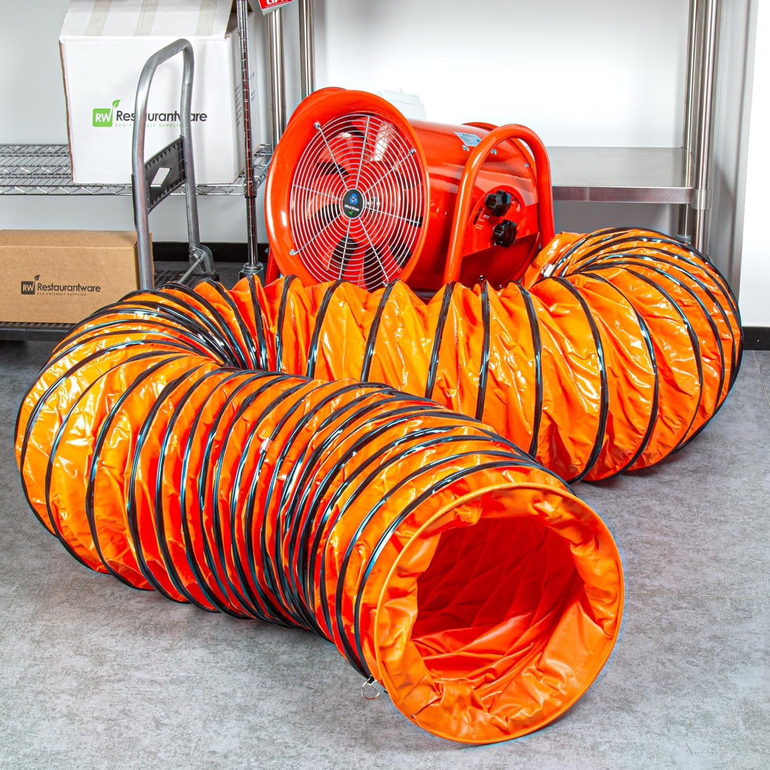 Restaurantware-Wind Blade 25 Foot x 15.75 Inch Extra Flexible Duct Hose, 1 Insulated Air Blower Hose - For 16 Inch Ventilator Fan, Adjustable Rope, Orange PVC Ventilator, D-Ring, Easy Storage