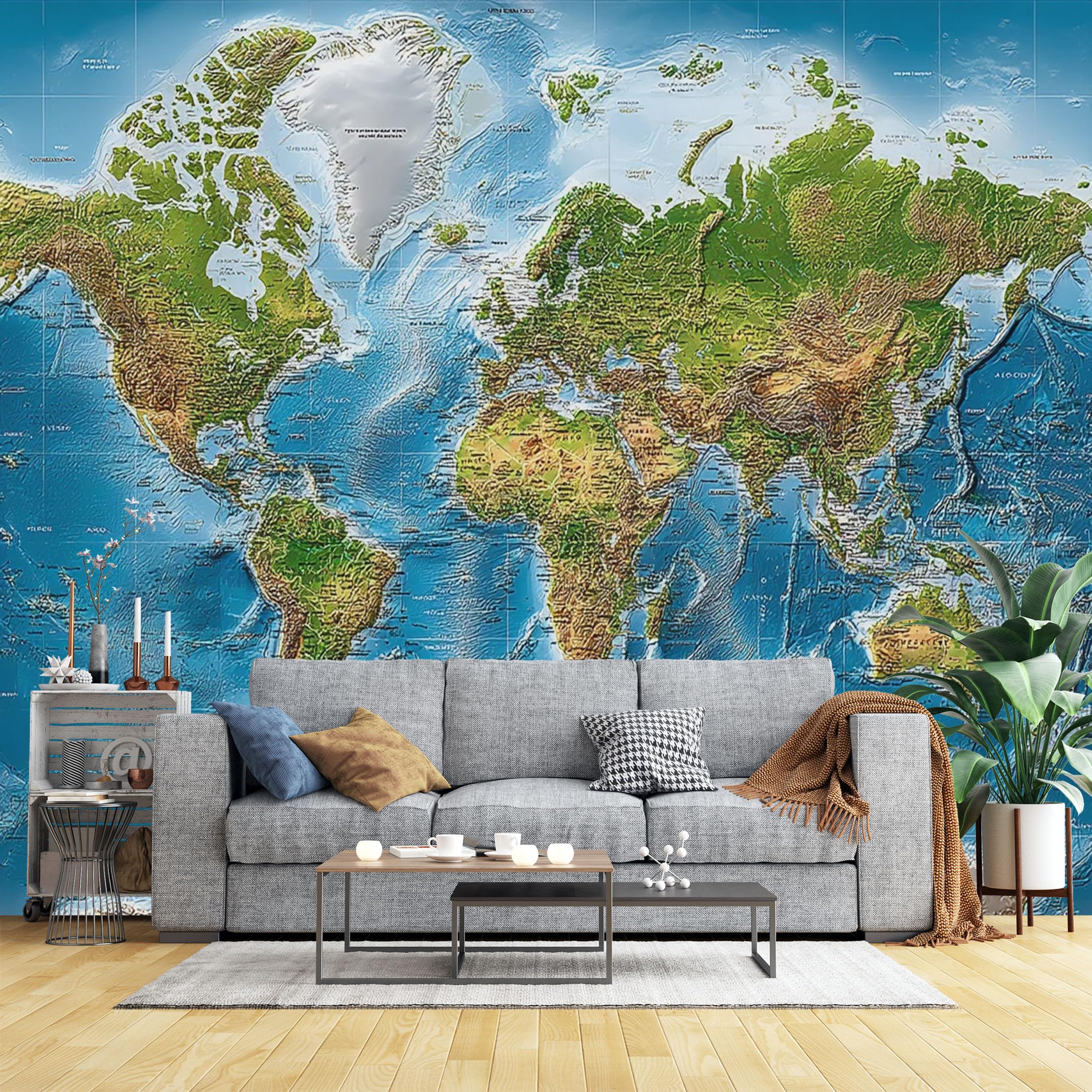 Custom Size Wall Murals 3D World Map Wall Murals Educational Geography Wallpaper, Large Photo Wallpaper Self-Adhesive Removable Wallpaper for Office