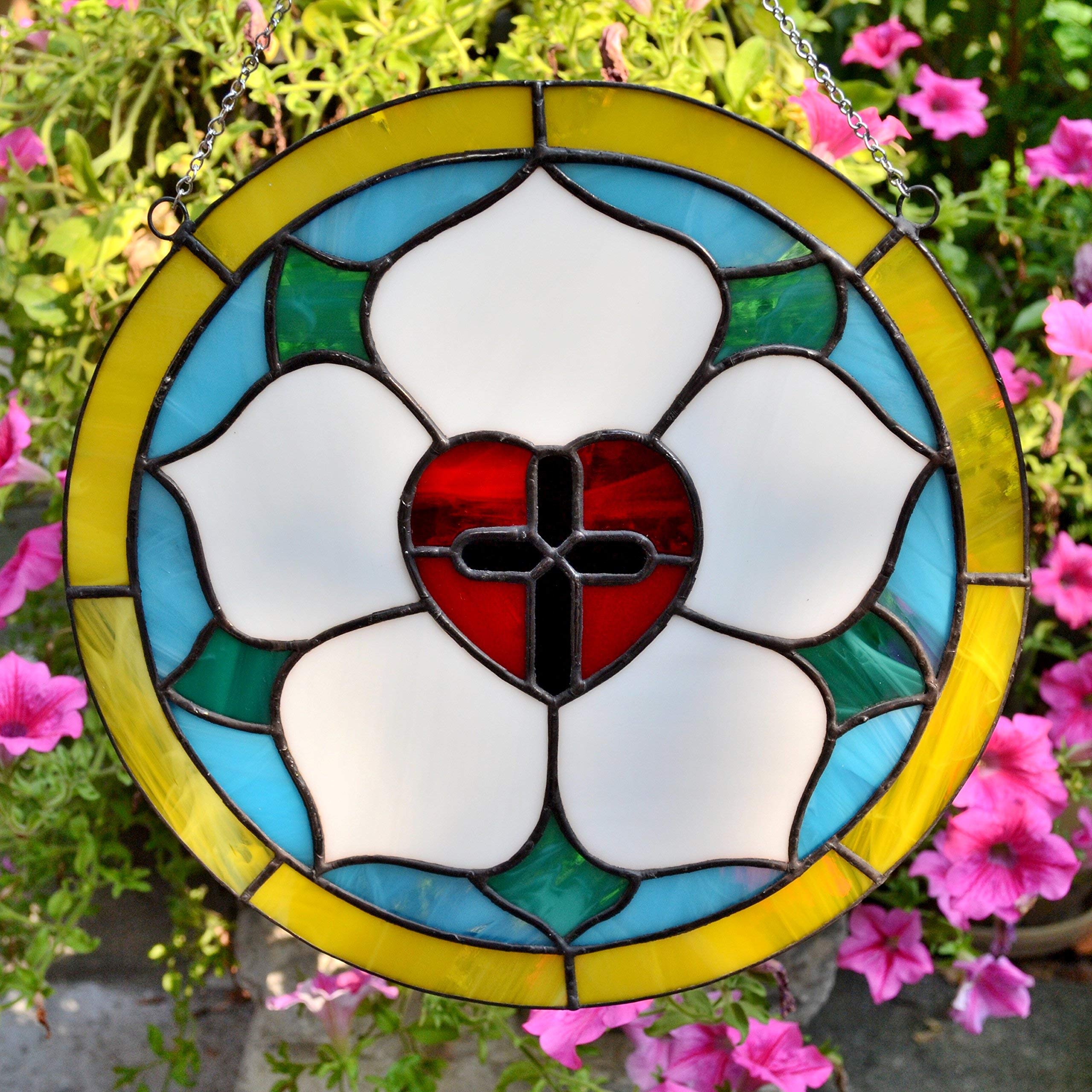 Luther Rose Round Stained Glass Panel 10 Inch for Window Hanging or Wall Decor, Lutheran Cross