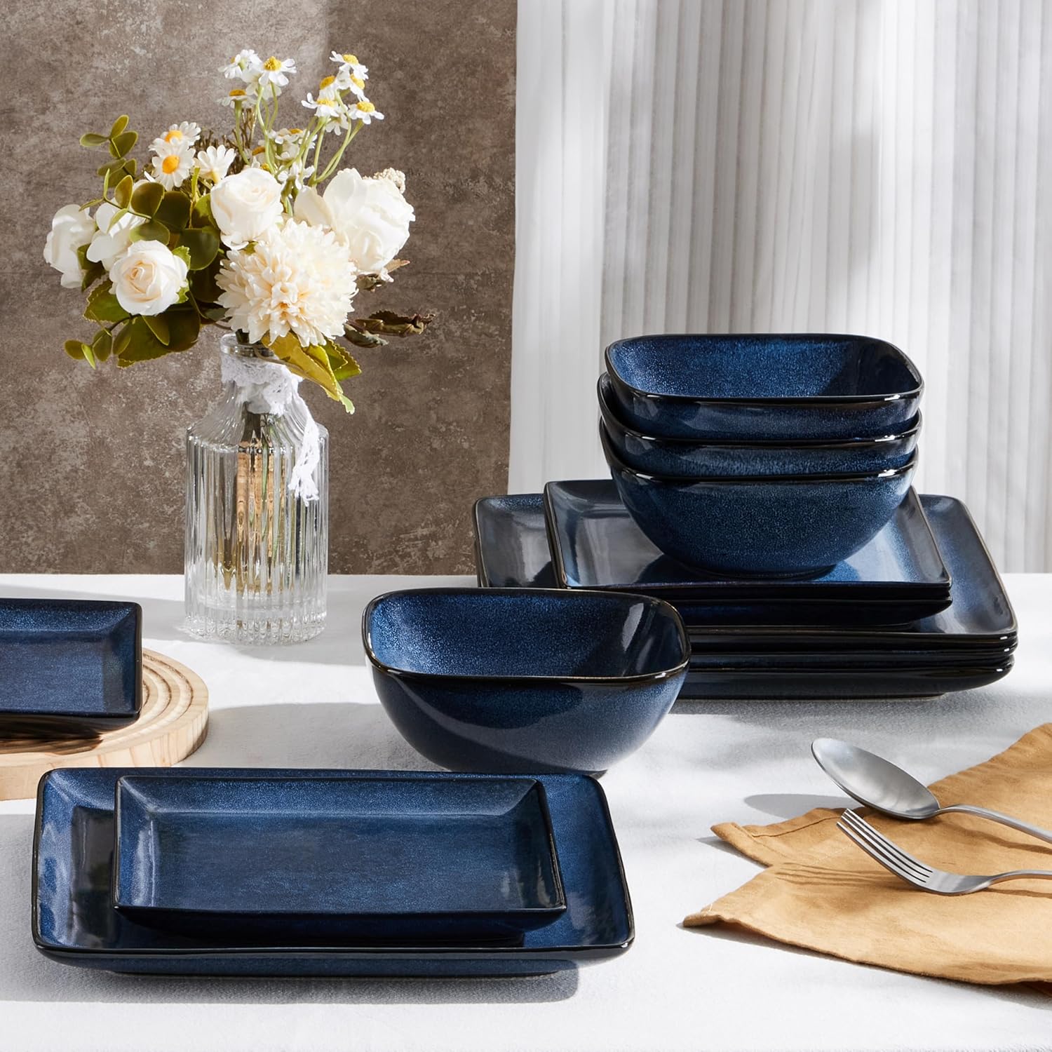 E-far Square Plates and Bowls Sets, 12-Piece Stoneware Dinnerware Sets for 4, Reactive Glaze Dish Set, Chip and Scratch Resistant, Microwave and Dishwasher Safe, Deep Sea Blue - Image 5