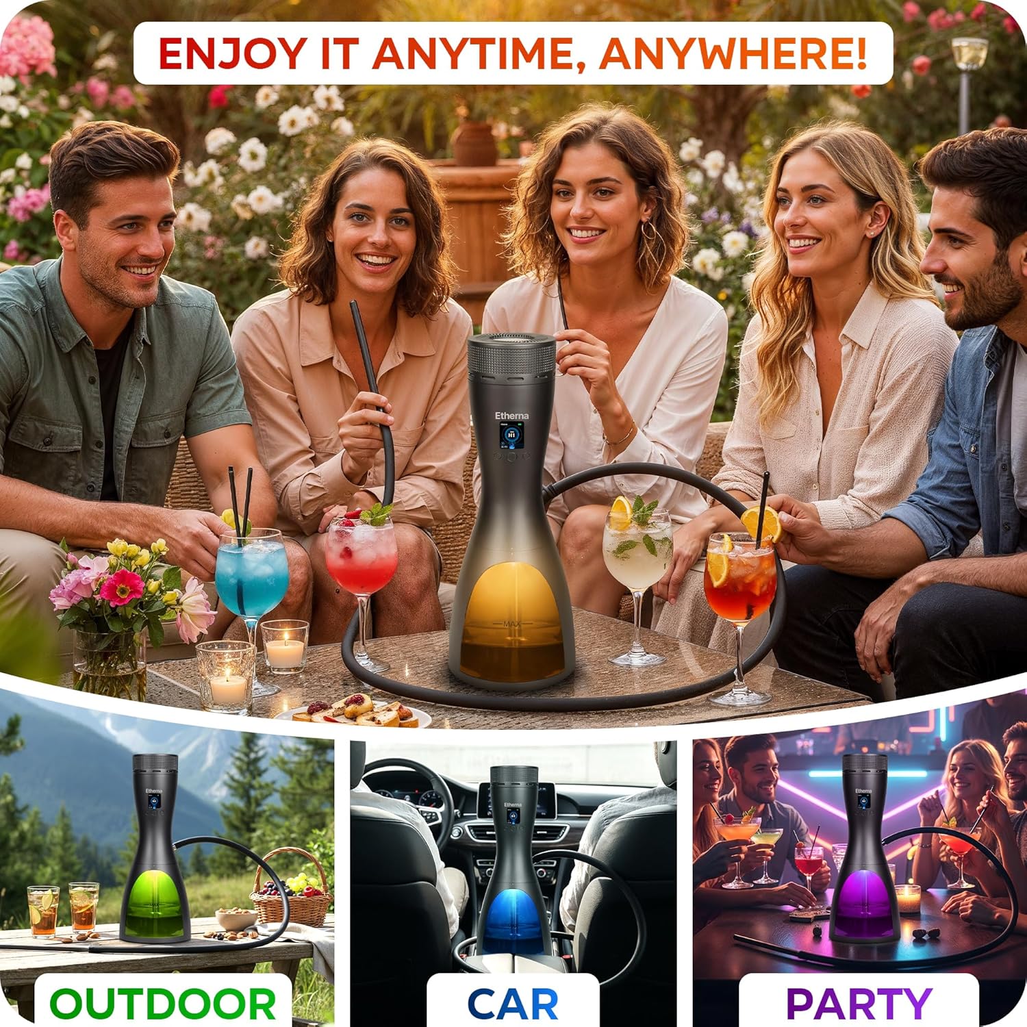 Etherna Electric Hookah – Portable Hookah Set with Everything, Smooth Taste & Long-Lasting Aroma, No Charcoal or Fire Needed, Complete Modern Shisha Kit for Home, Parties & Travel (Black)