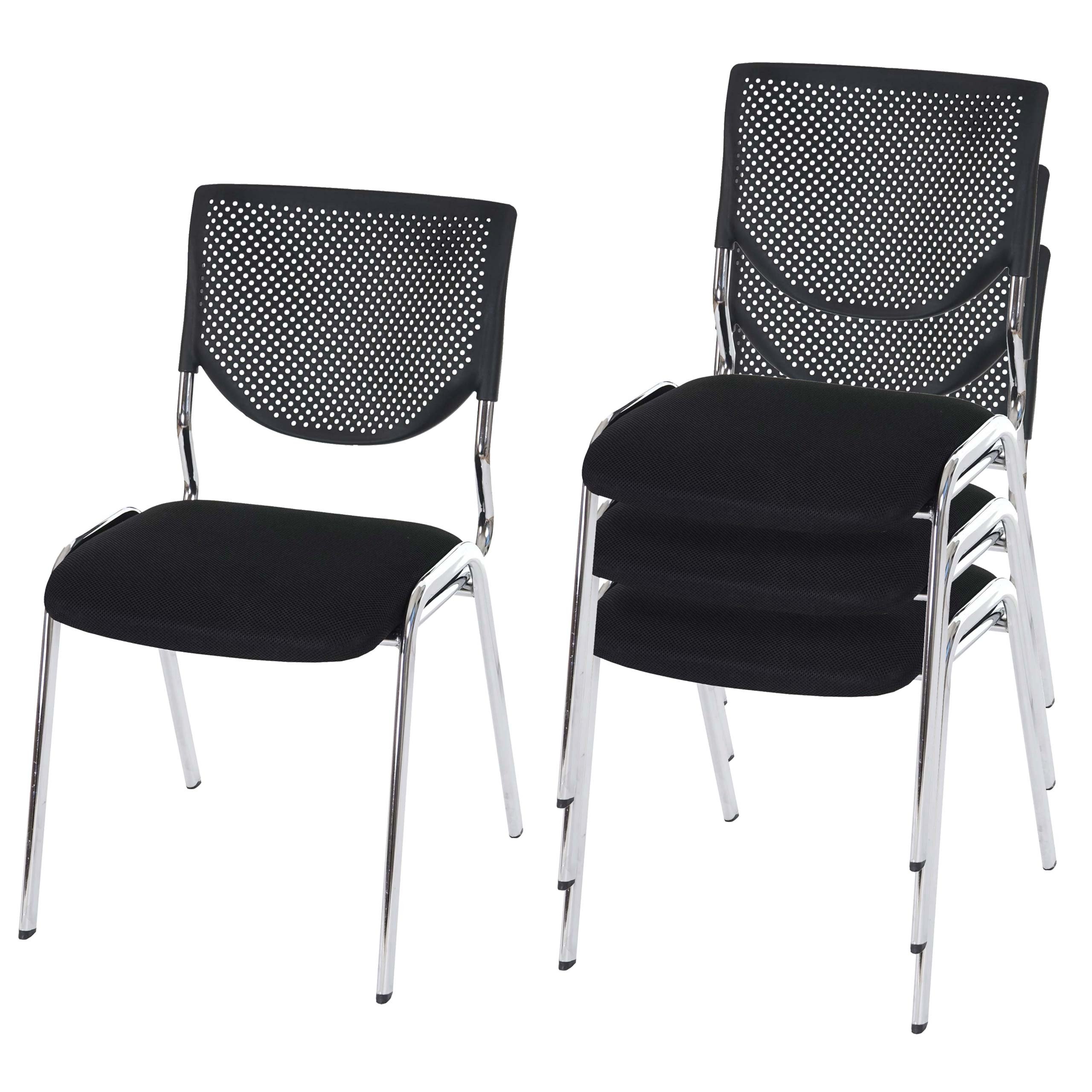 Mendler 4er-Set Besucherstuhl T401, Konferenzstuhl stapelbar, Stoff/Textil - Sitz schwarz, Füße Chrom