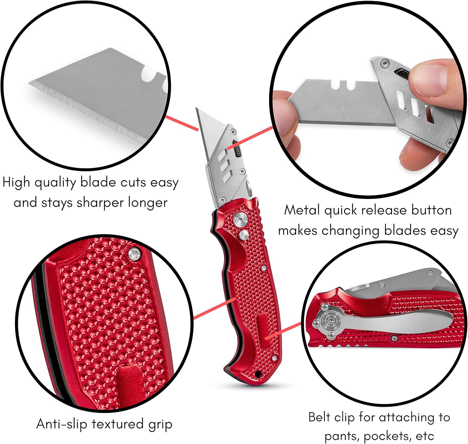 BIRDROCK HOME Utility Knife Set - Retractable Box Cutter with Heavy Duty Razor Blade - Professional Cutting Tool for Cardboard, Package, Warehouse, Office, Construction - 3 Extra Blades Refill - Red