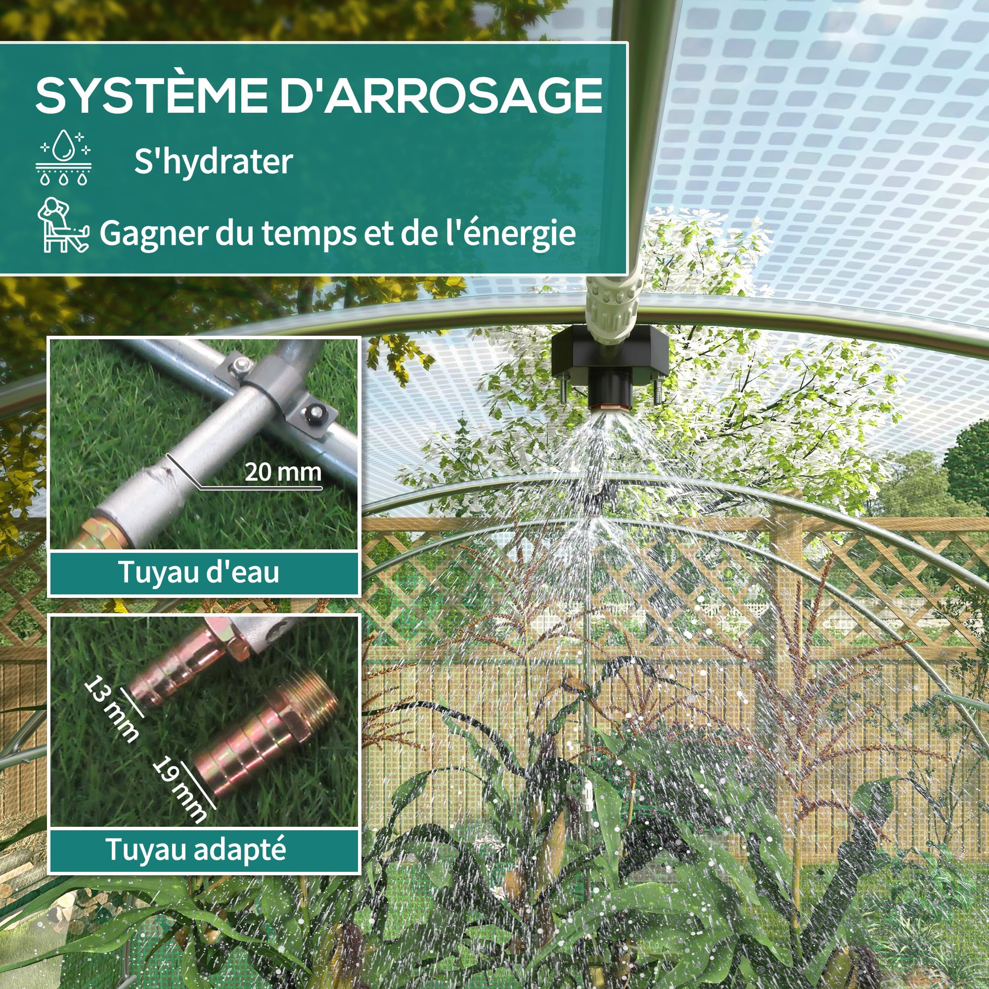 Outsunny Serre de Jardin Tunnel 6 m² Serre à tomates avec système d'arrosage intégré 3L x 2l x 2H m Acier renforcé + PE Haute densité 140 g/m² 6 fenêtres Porte Enroulable Vert