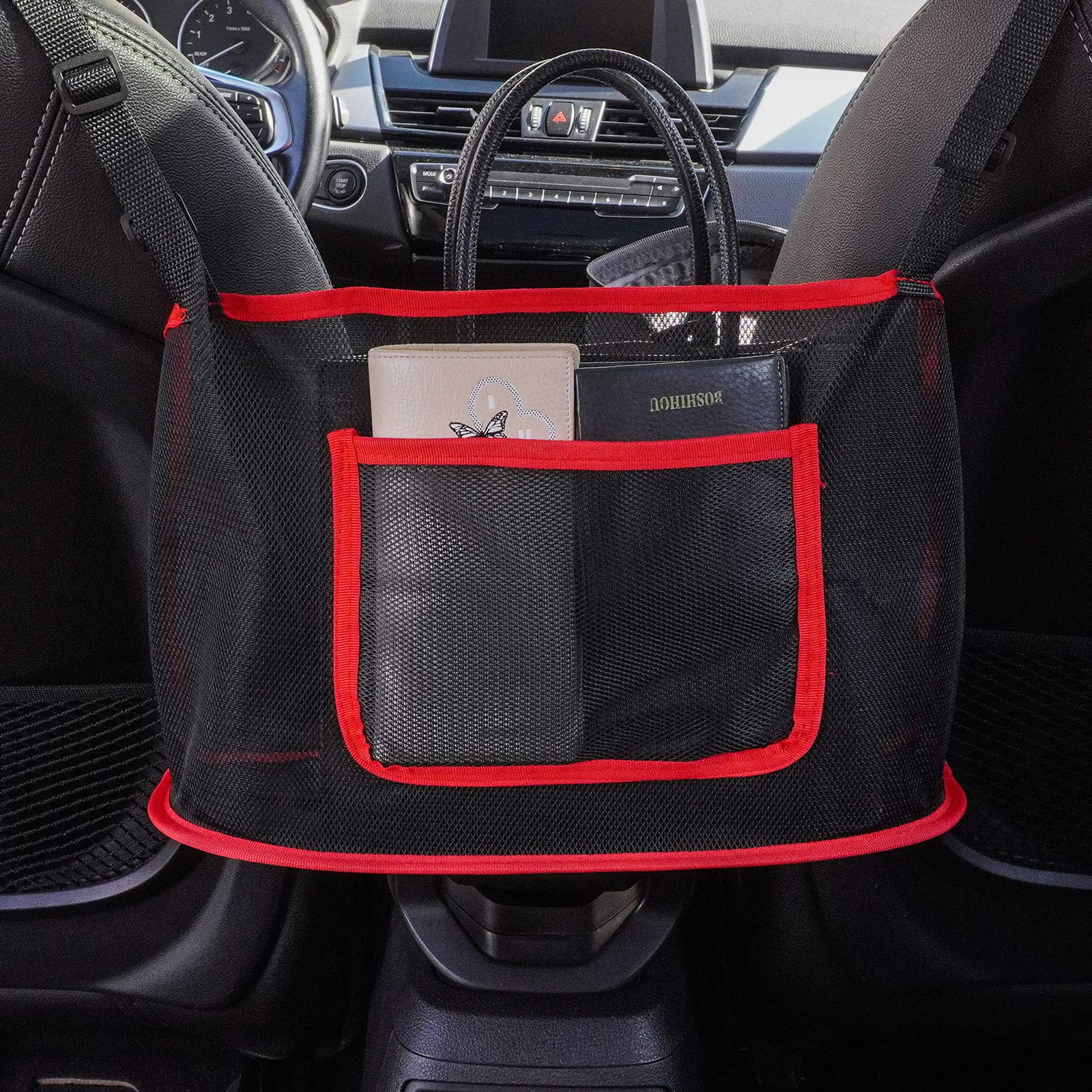 PESGUO Car Net Pocket Handbag Holder , Seat Back Organizer, Handbag Holder for Car, Storage for Purse/Wallets and Document - Help Drivers Save Space(Red)
