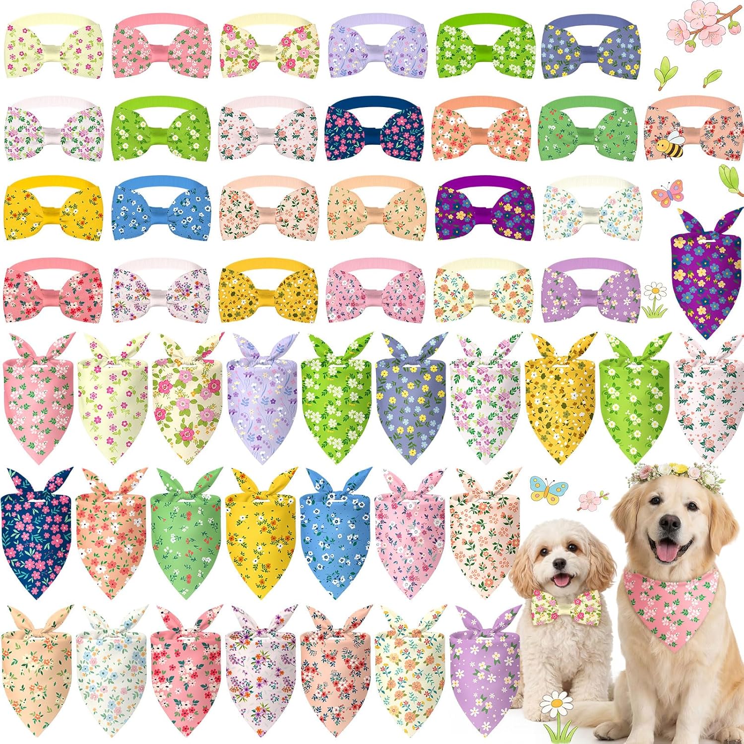 Sanwuta 50 Pcs Spring Dog Bandanas and Collar Bow Ties Set 25 Bandanas Bulk 25 Charm Dog Collar Pet Triangle Pet Scarf Bowtie for Small Medium Large (Spring Fresh)