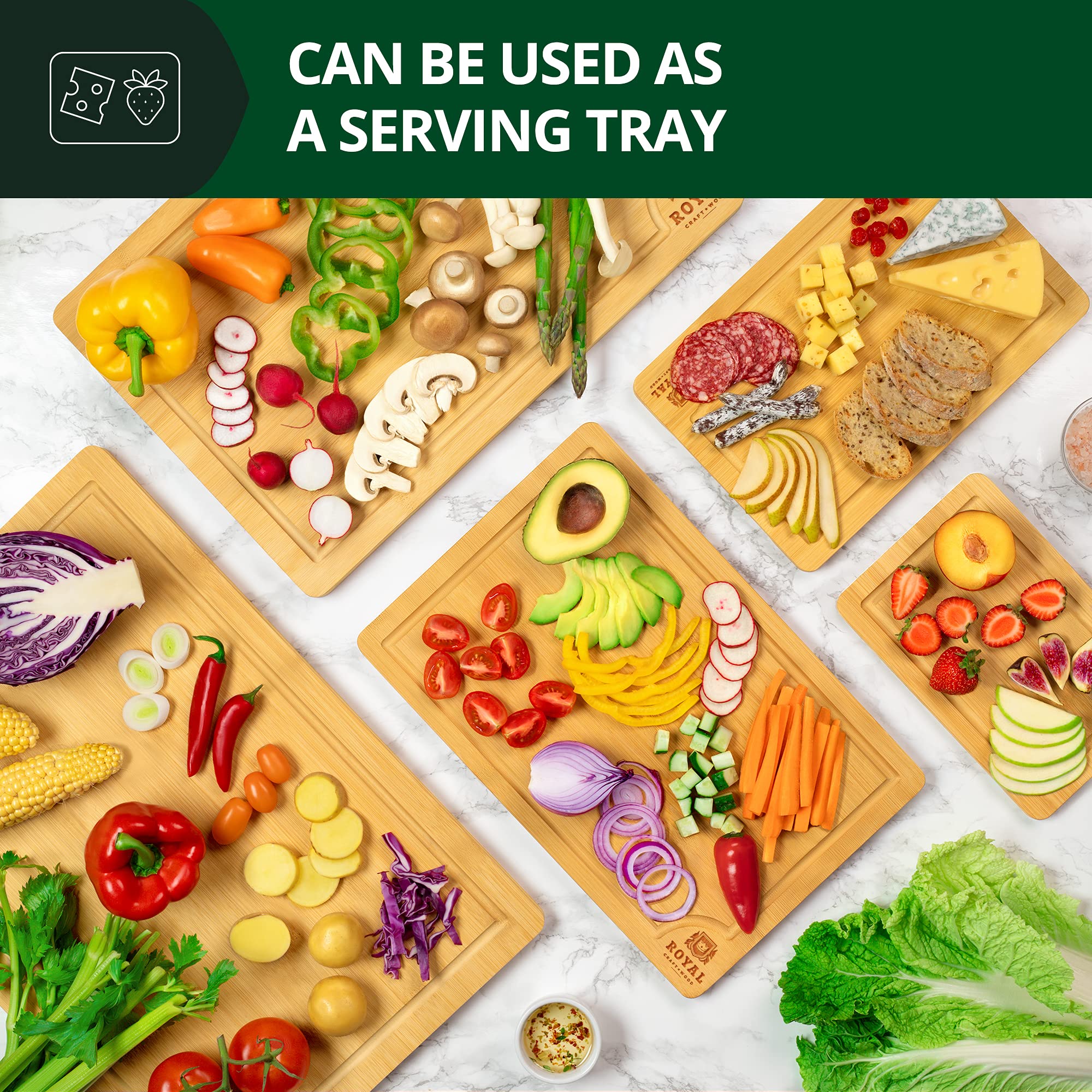 ROYAL CRAFT WOOD Wooden Serving Boards For Kitchen Meal Prep&Bamboo Wood Cutting