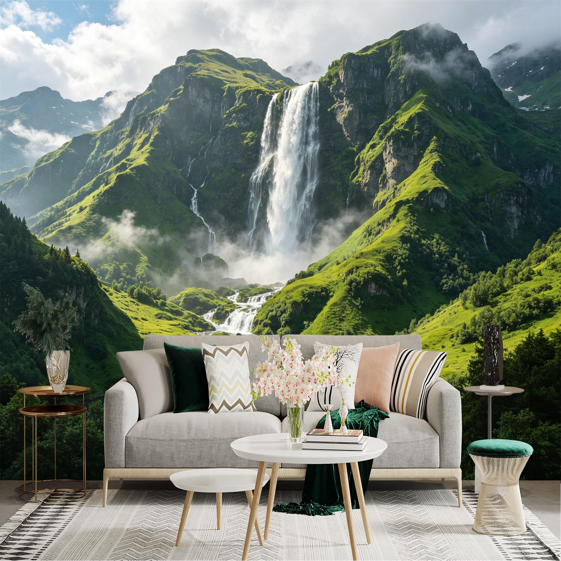 Custom Size Wall Sticker Mural， Majestic Waterfall in Alpine Mountains， Green Hills， Scenic River and Lake Landscape， for wall Decoration， peelandstick wall Decals.