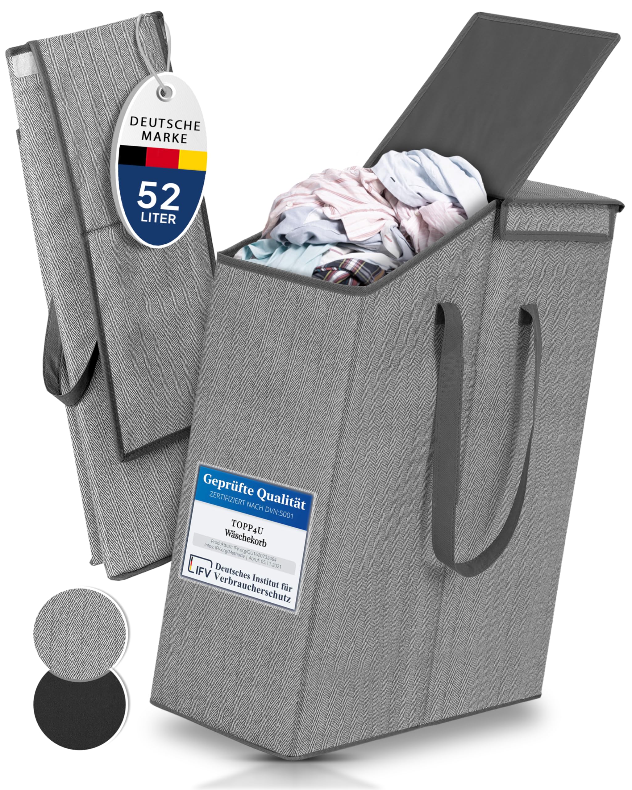 Topp4u Cesto per la Biancheria Stretto con Coperchio – Cesto per la Biancheria Pieghevole per Riti con Molto Volume – 52 Litri – 20 x 45 x 60 cm – Cestino per la Lavanderia Sottile in Design Grigio