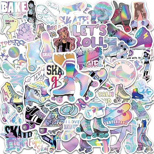 50Pcs Skater Girl Stickers for Water Bottles,Vinyl Holographic Roller Girl Stickersfor Kids Teens,Waterproof Skateboards Stickers Laser Skate