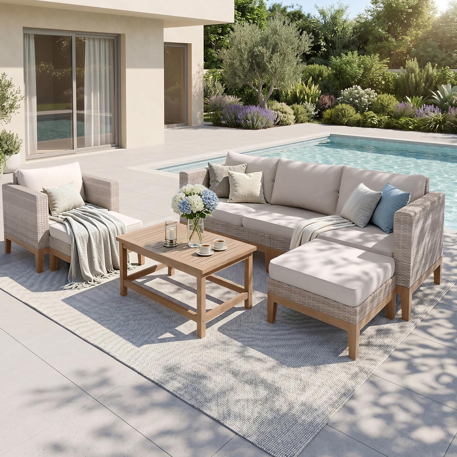 Sophia & William 5-Piece Rattan Patio Conversation Set with Ottomans and Acacia Wood Coffee Table