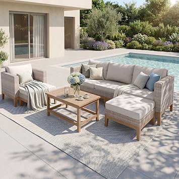 Sophia & William Patio Furniture Set, 5-Piece Wicker Patio Conversation Set, Rattan Outdoor Sectional Sofas with Ottomans & Wooden Coffee Table, Beige