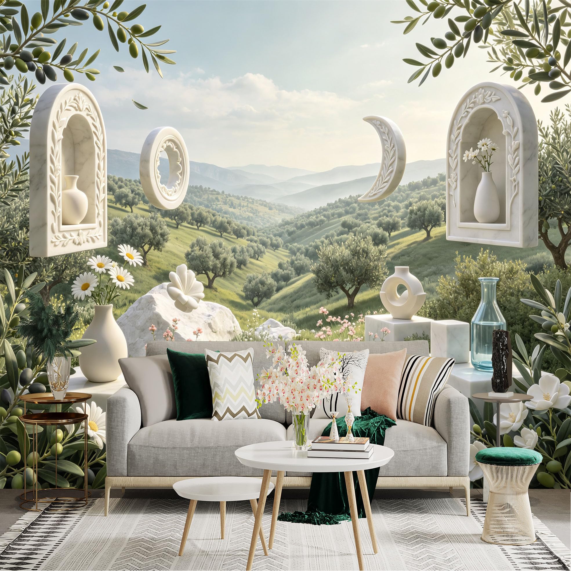 Lnzczhyre Bh260719284 Custom Size Wall Sticker Mural， Mediterranean Landscape With White Marble Arches， Olive Branches And Flowers， For Wall Decoration， Peelandstick Wall Decals.