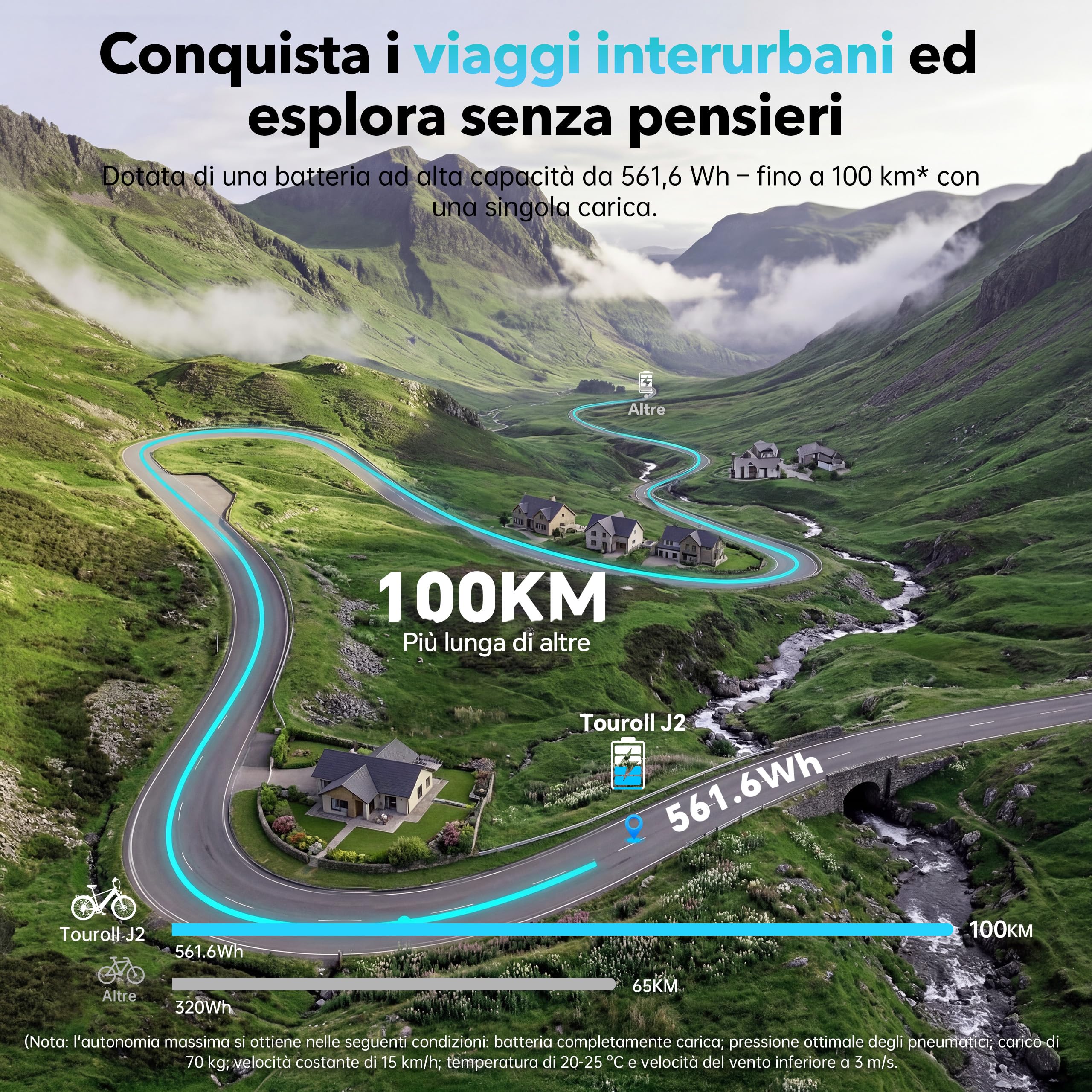Touroll Bicicletta elettrica J2, pneumatici da 26'', batteria da 15,6 Ah, motore da 250 W e 45 Nm, autonomia di 100 km, ideale per i pendolari in città