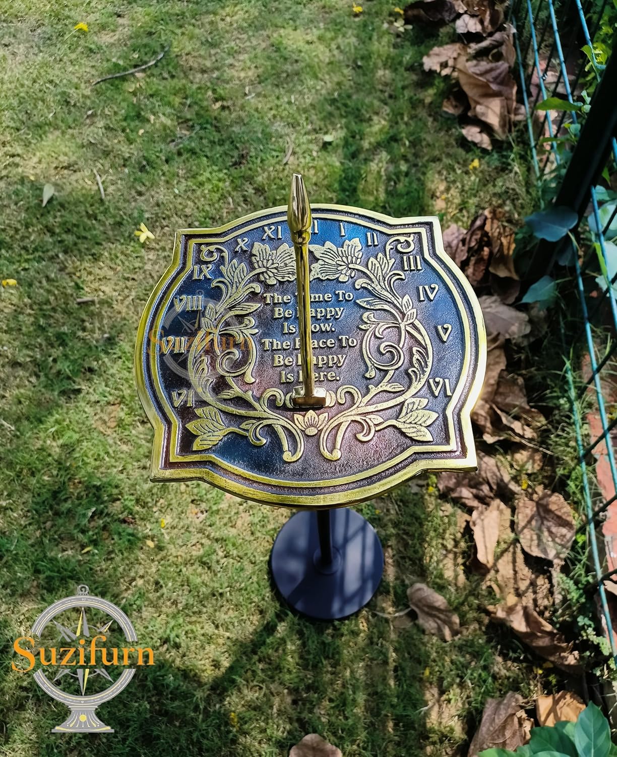 Happiness Sundial Solid Metal with Verdigris Highlights Home and Garden