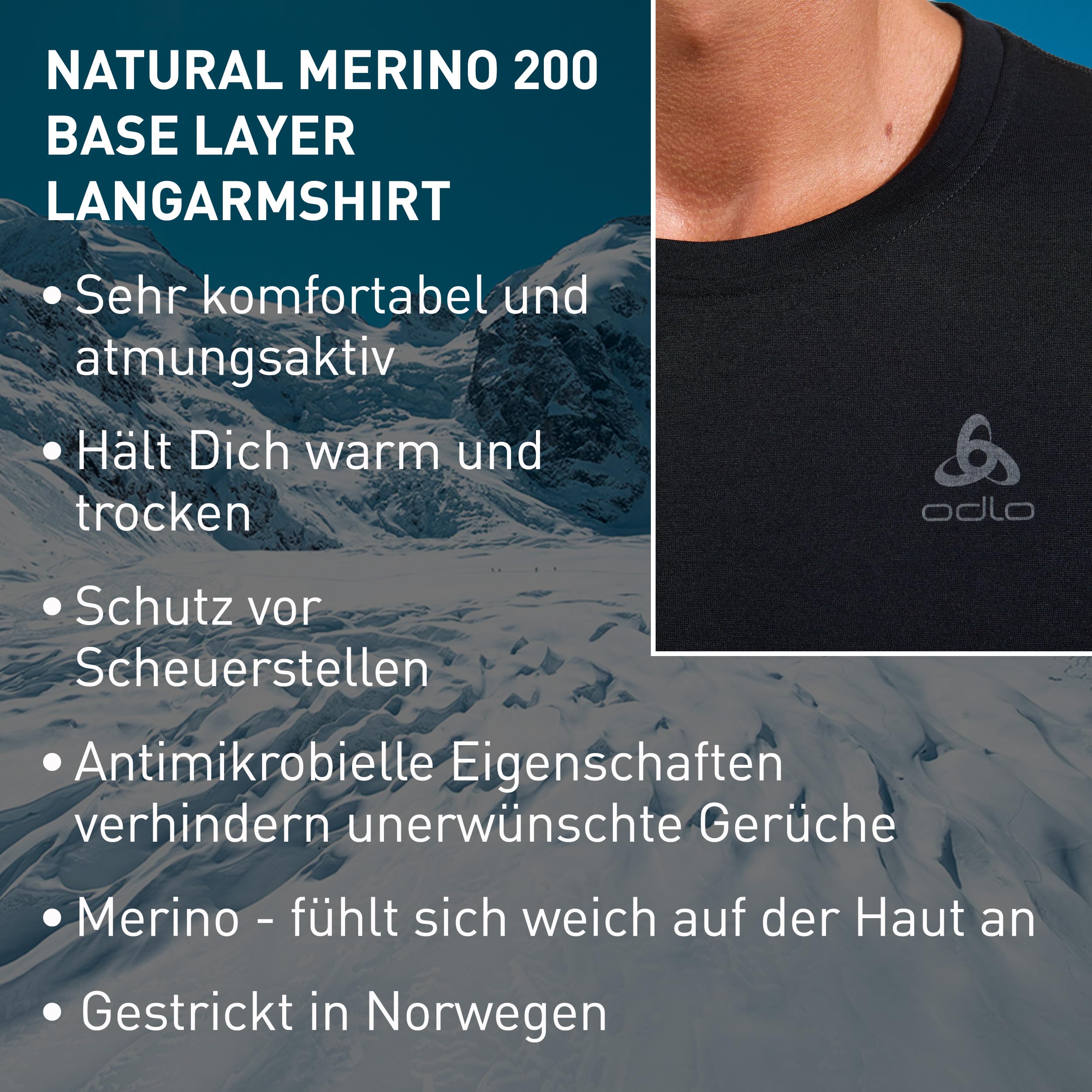 Odlo Thermounterwäsche Herren Merino 200 | Merino Unterwäsche | Langarm Thermoshirt Langarm Thermoshirt mit Rundhals | Herren