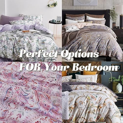 Miniatura 7 de Juego de funda de edredón estilo jardín floral, juego de ropa de cama de acuarela púrpura, flores suaves y lisas, patrón botánico verde, 3 piezas, 1