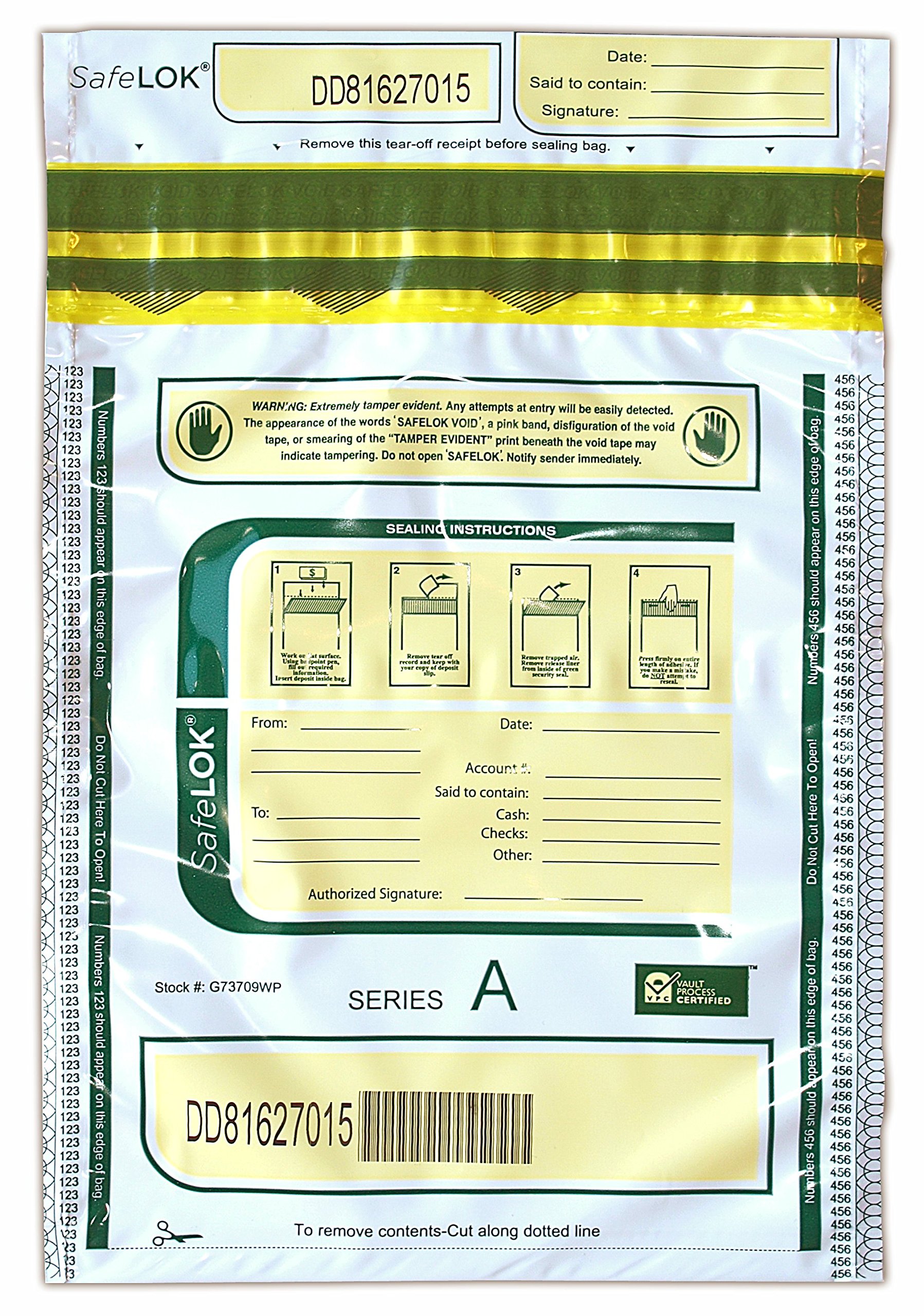 CONTROLTEKSafeLok 9" x 12" White with Pocket, 100 Bags, Tamper-Evident Deposit Bags, Outside Reclosable Pocket, Tear-off Receipt + Large Barcodes 585090