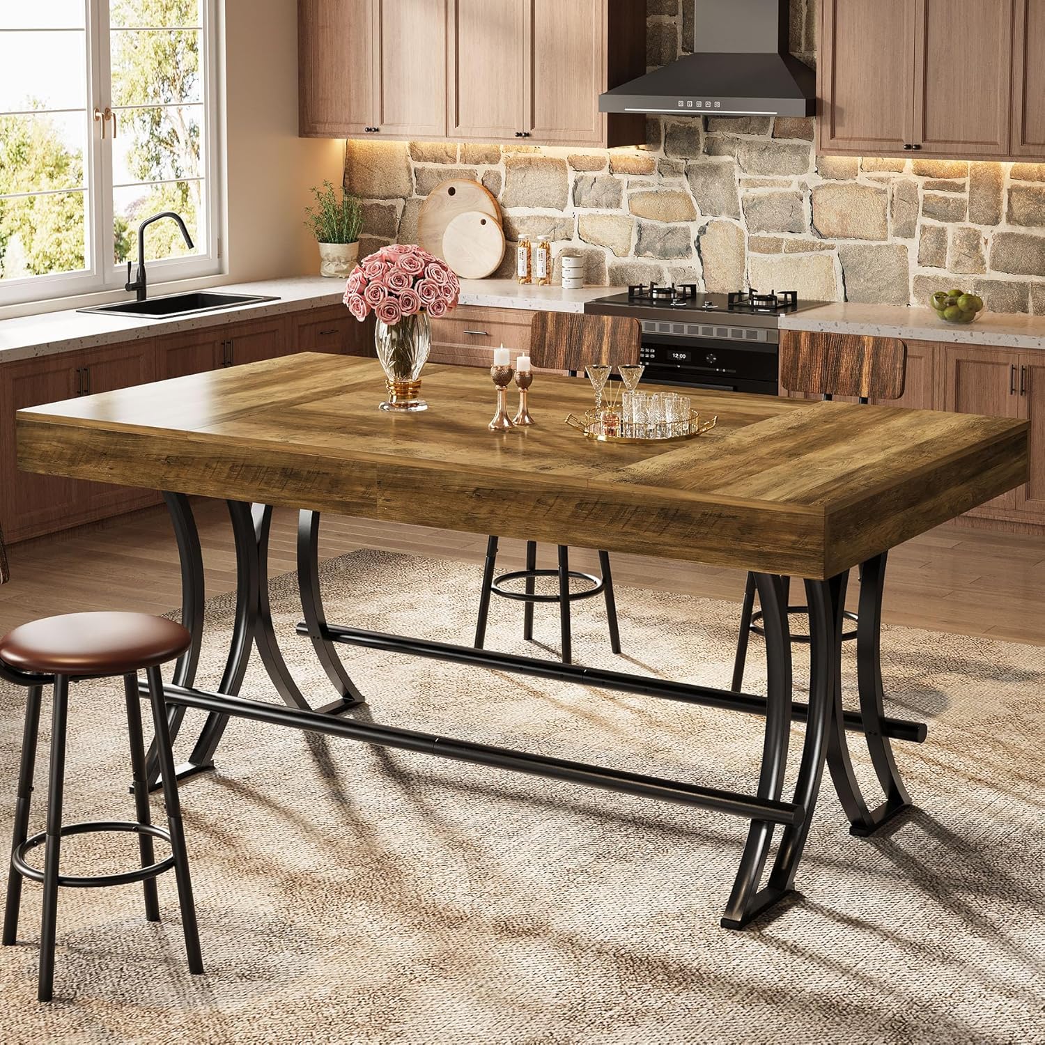 Tribesigns 63" Counter Height Bar Table with Metal Footrest, Rectangular Tall Kitchen Dining Pub Table, Industrial Home Bar Unit for Entertaining, Freestanding, Dark Brown