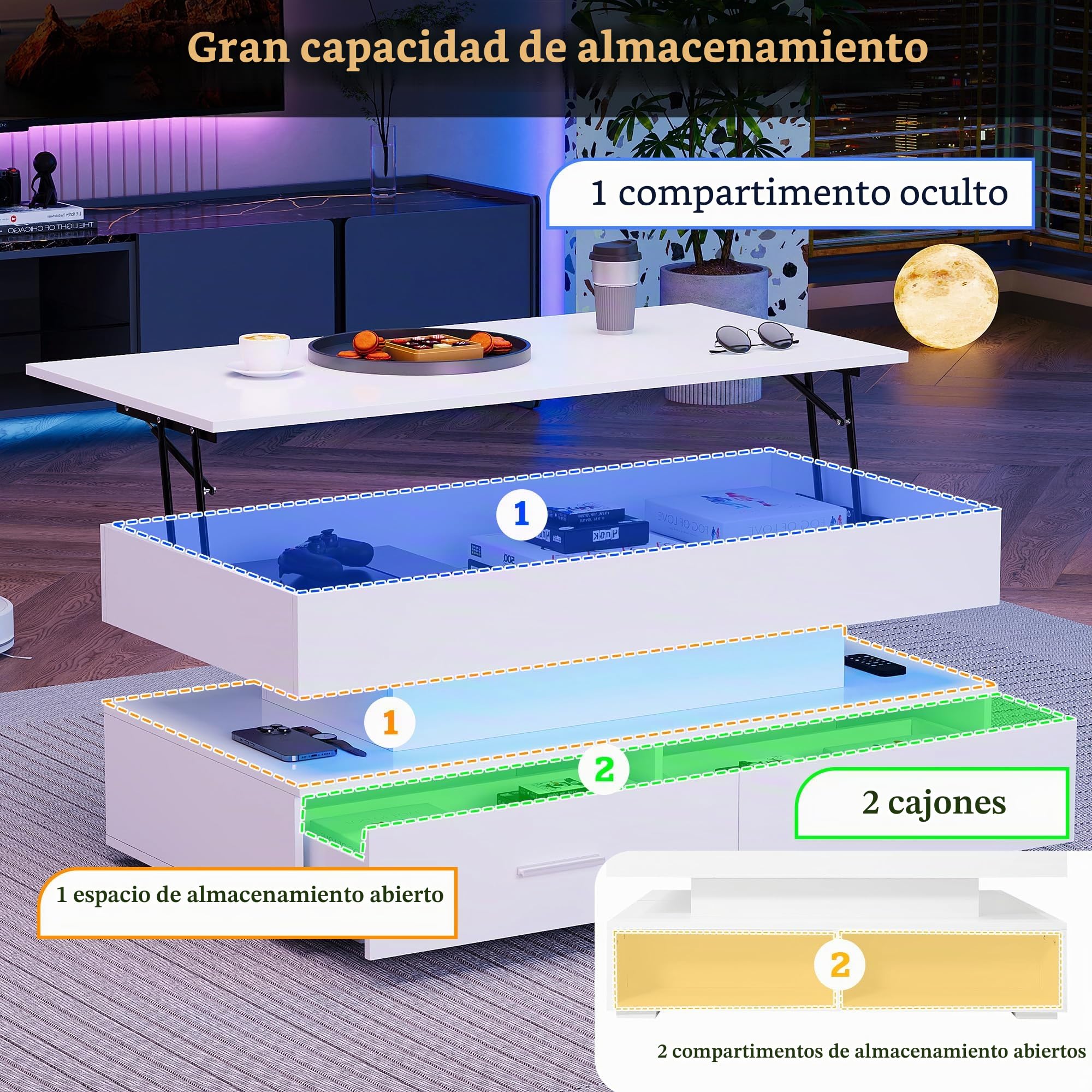 Mesa de centro hidráulica ajustable en altura, con iluminación LED, control por aplicación Bluetooth, 2 cajones y espacio de almacenamiento abierto, mesa de centro elevable (blanco)