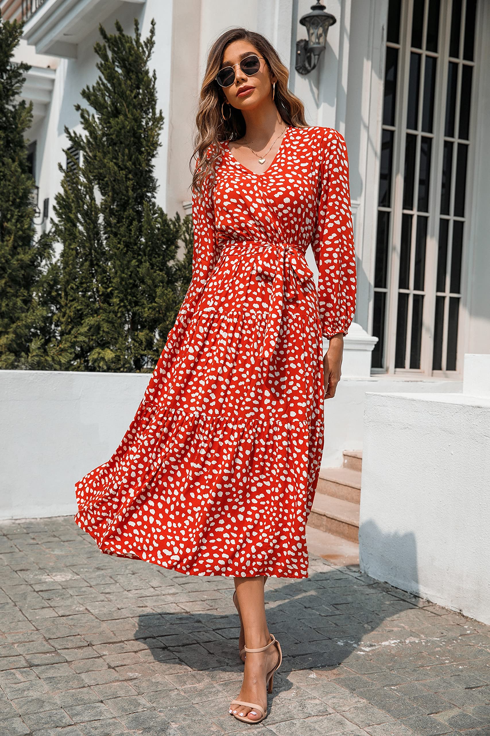 R.Vivimos Women's Fall Long Sleeve Casual Dresses Wrap V Neck Polka Dots Tiered Ruffle Flowy Midi Dress with Belt