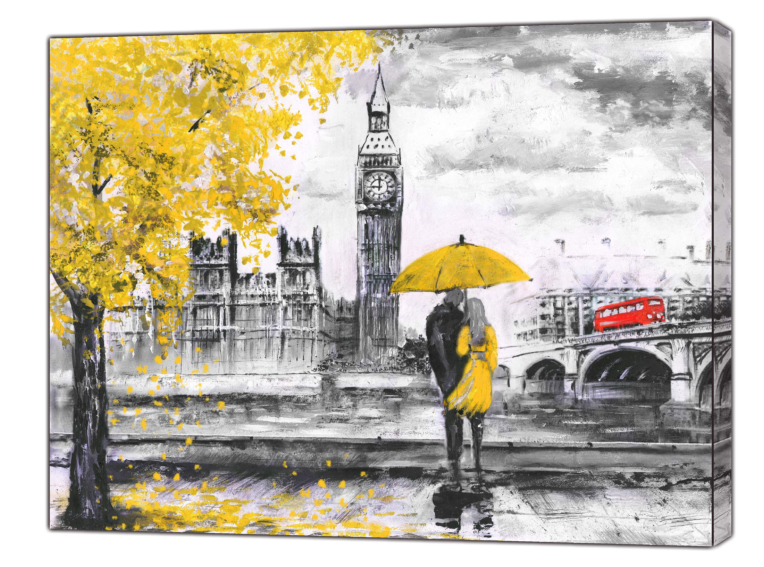 London Big Ben Peinture à l'huile sur toile encadrée Motif parlementaire Jaune 76 x 50 cm - 18 mm de profondeur