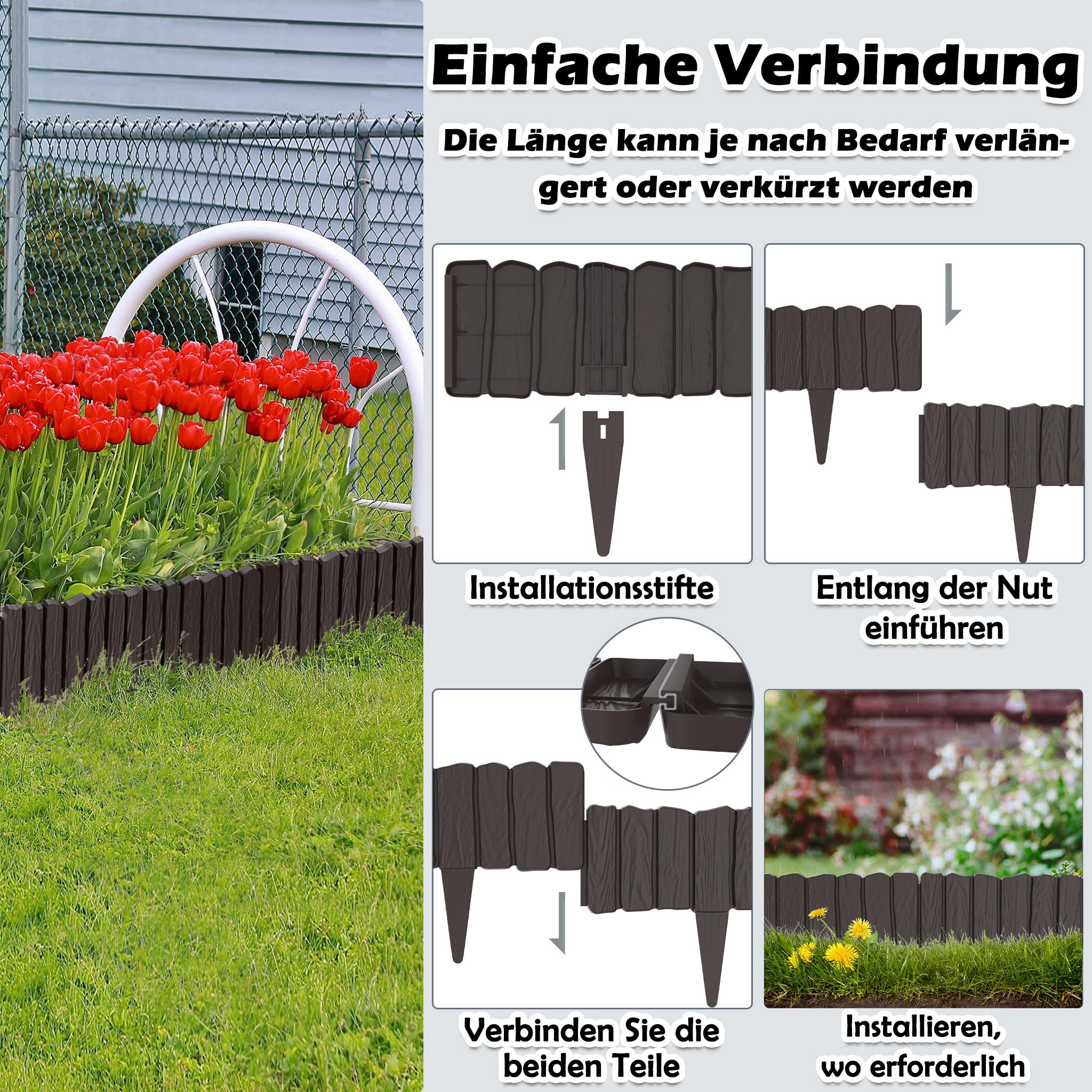 Aufun 2,3 m houtlook, bloembedomranding, op maat te snijden, bloembedomranding, gazonrand, palissadehek, houten hek, kleine bloembegrenzing, palissades, decoratie, tuinpalissade, beetzhek, bruin