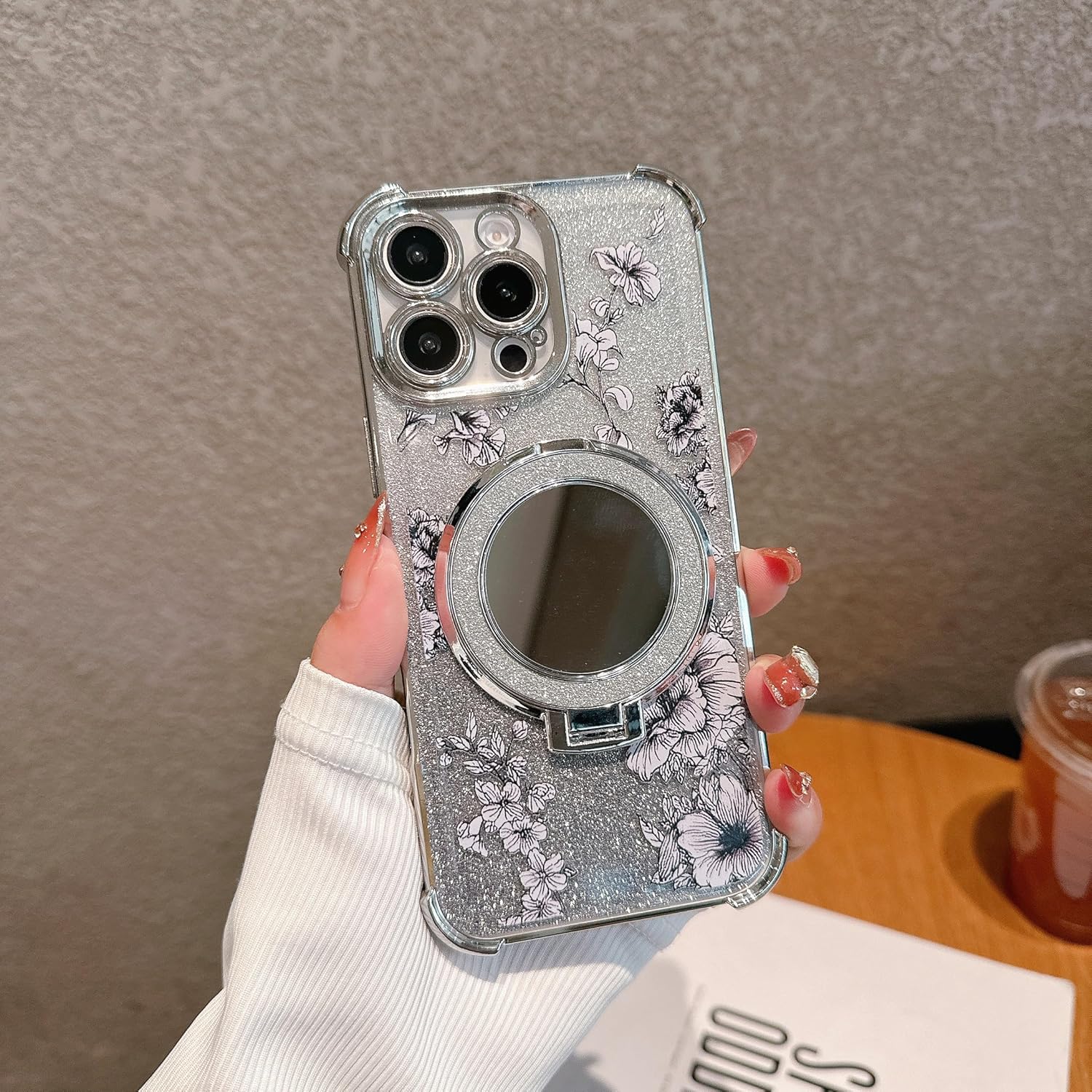 for iPhone 14 Pro Max Case with Diamond Mirror Kickstand,[Reinforced Conner Bumper][Glitter Bling Floral Design] Luxury Shinny Electroplated Edge for Women Girls-Silver - Image 3