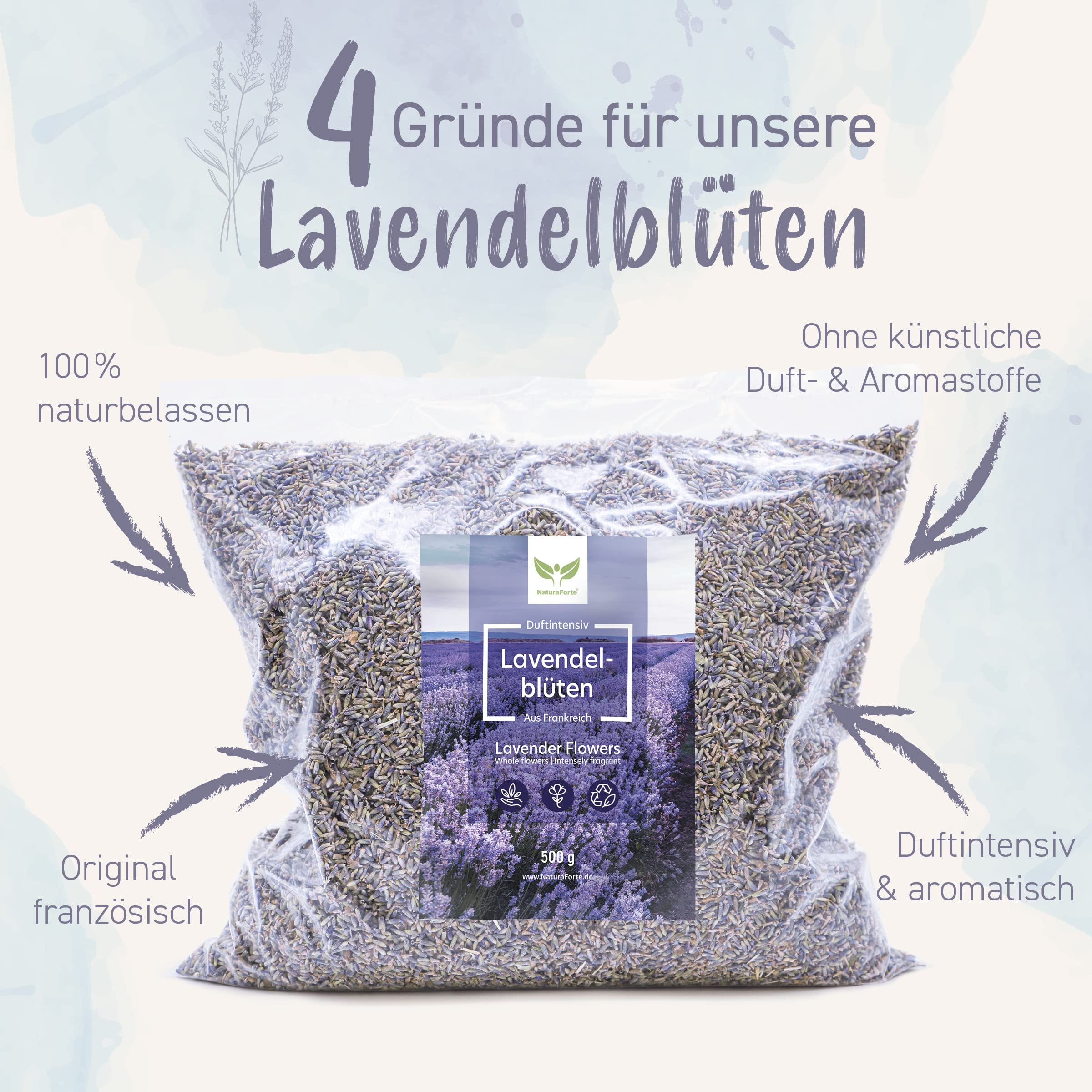 NaturaForte Fiori di Lavanda 500g - Senza Additivi, Bluastro, Profumo Intenso - Per Cuscini Profumati, Bustine, Potpourri