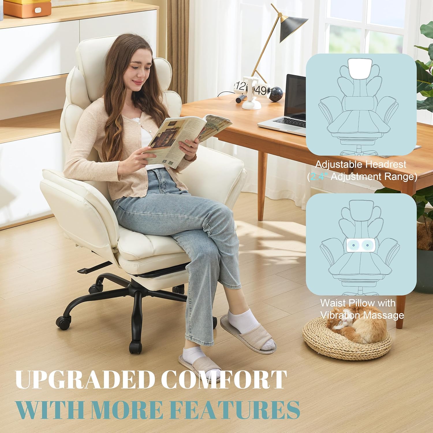 Big and Tall Office Chair, Flip Armrests Criss Cross Office Chair, Reclining Desk Chair with Foot Rest, Adjustable Headrest, Massage Waist Pillow Cross Legged Wide Seat Vanity Chair, PU Leather White