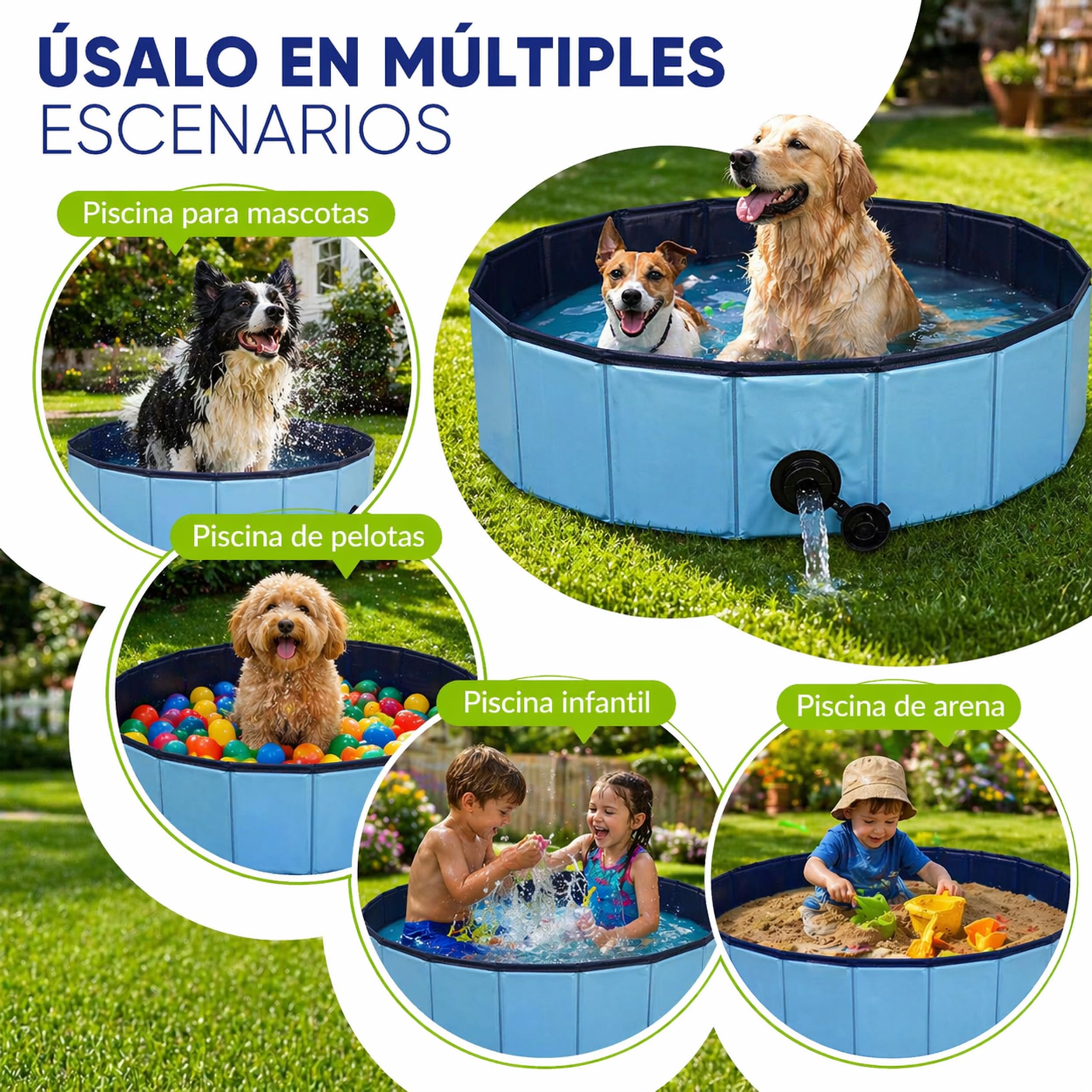 BESCH Piscina Plegable para Perros y Gatos, Bañera para Mascotas Portátil con Desagüe, Piscina Antideslizante para Verano, Uso Interior y Exterior 120Ø x 30 cm