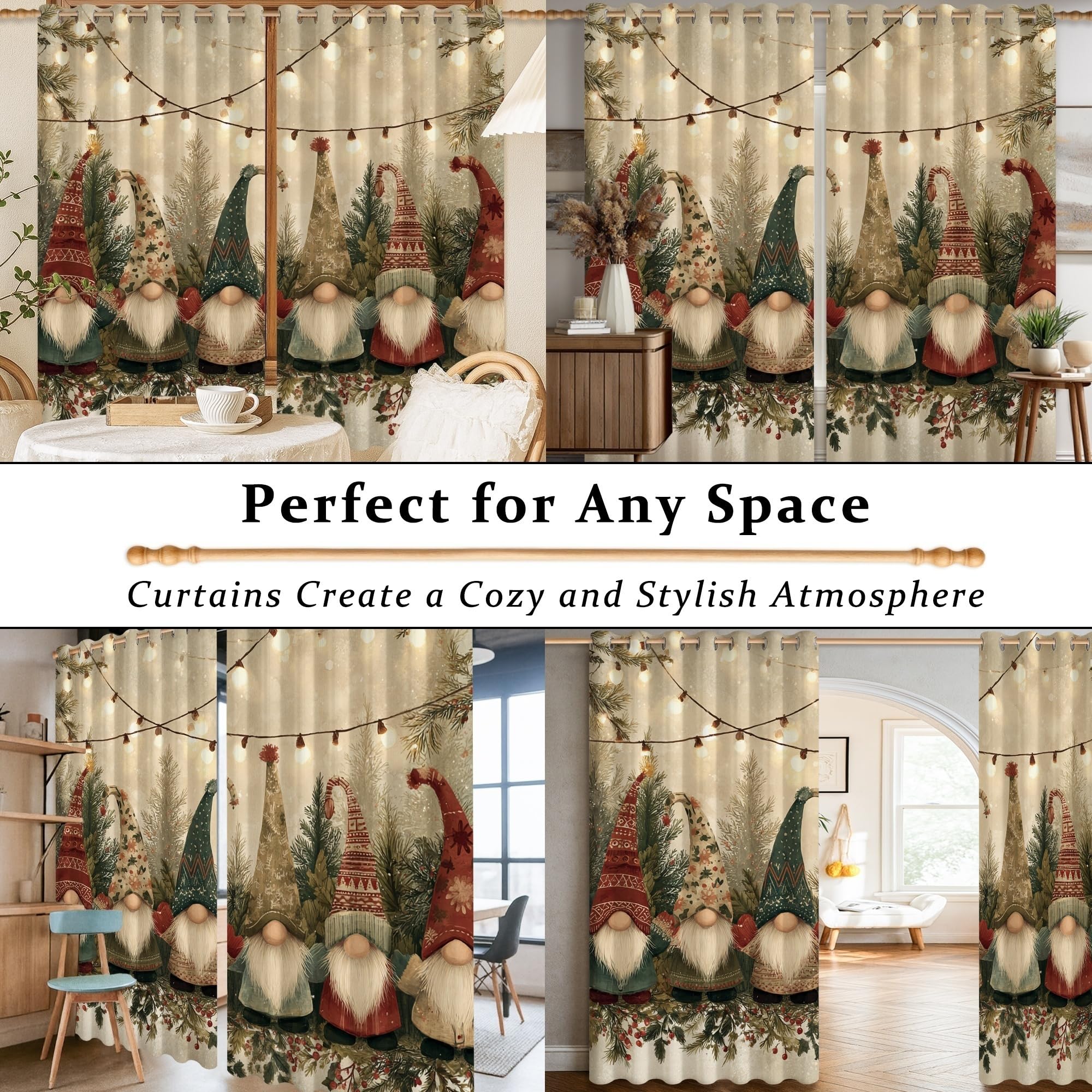 Verdunklungsvorhänge mit Zwerg, festlich, fantasievoller Weihnachtsbaum, Lichterkette, Weihnachtsgrün, maschinenwaschbar, Fenstervorhänge für Schlafzimmer, Kinderzimmer, Dekoration, 132 x 244 cm