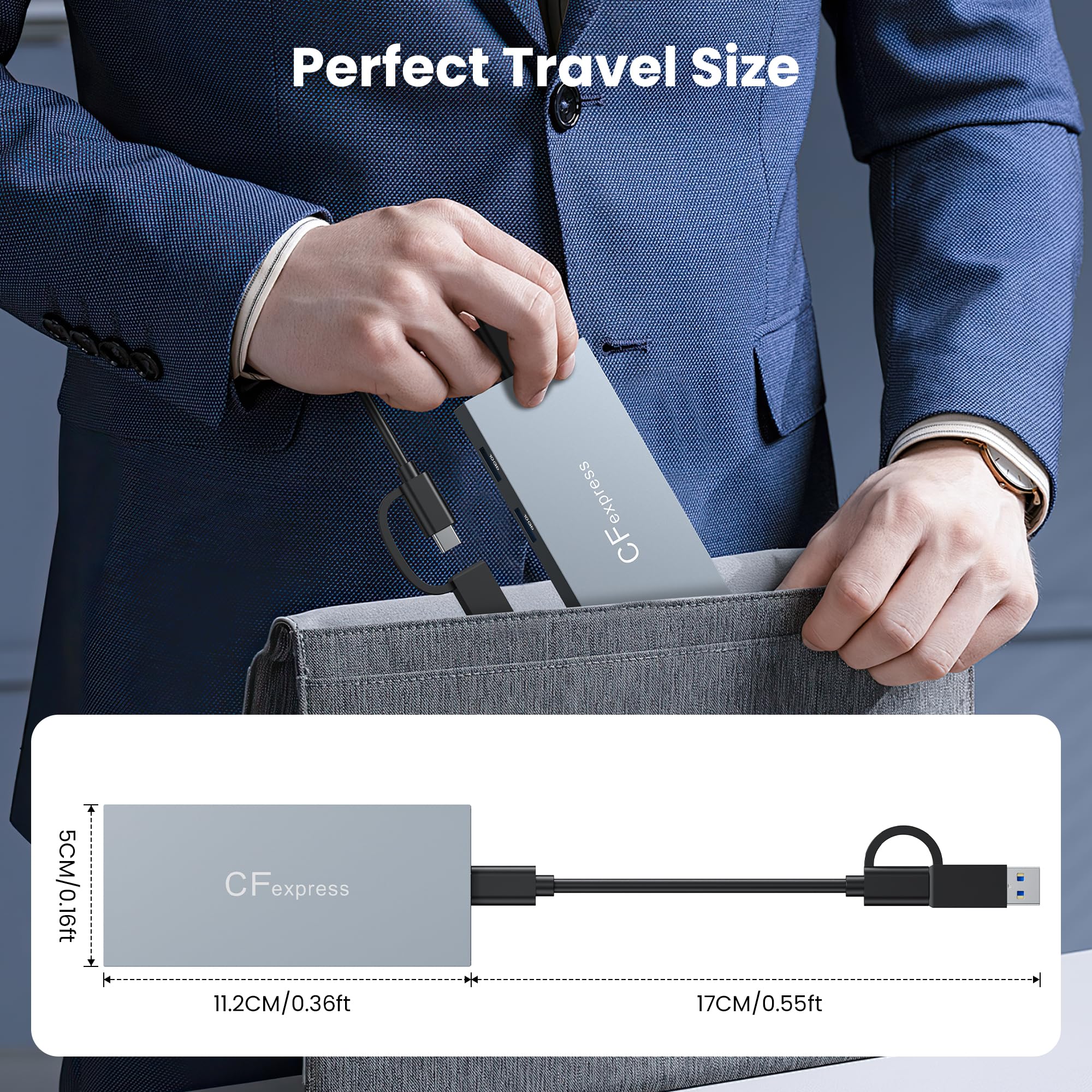8-en-1 Lecteur de Carte CFexpress Type B USB-C & USB-A 3.2 Gen 2 10Gbps Adaptateur de Cartes Multiples pour CFe B/CF/XD/MS/TF/SD Compatible avec Windows/Mac/Linux/Android, Shell en Aluminium, Gris