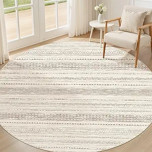 Nakagishi Round Rug Boho Area Rugs: 6x6 Washable Large Circle Neutral Soft Stain Resistant Non-Slip Carpet for Women Aged 25-45 Farmhouse Decor Enthusiasts - Living Room Bedroom Dining Room Nursery