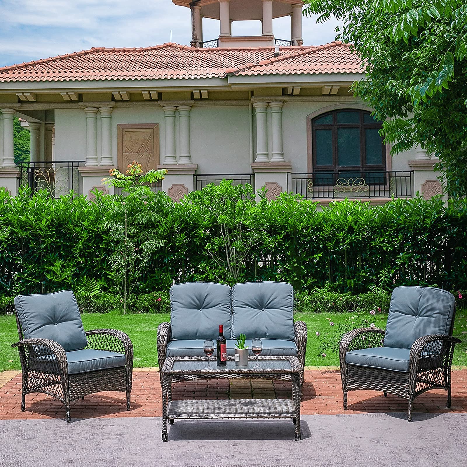 JVVMNJLK Patio Wicker Furniture Set All-Weather, Pure Manual 4 Piece Rattan Patio Furniture Set with Tempered Glass Coffee...