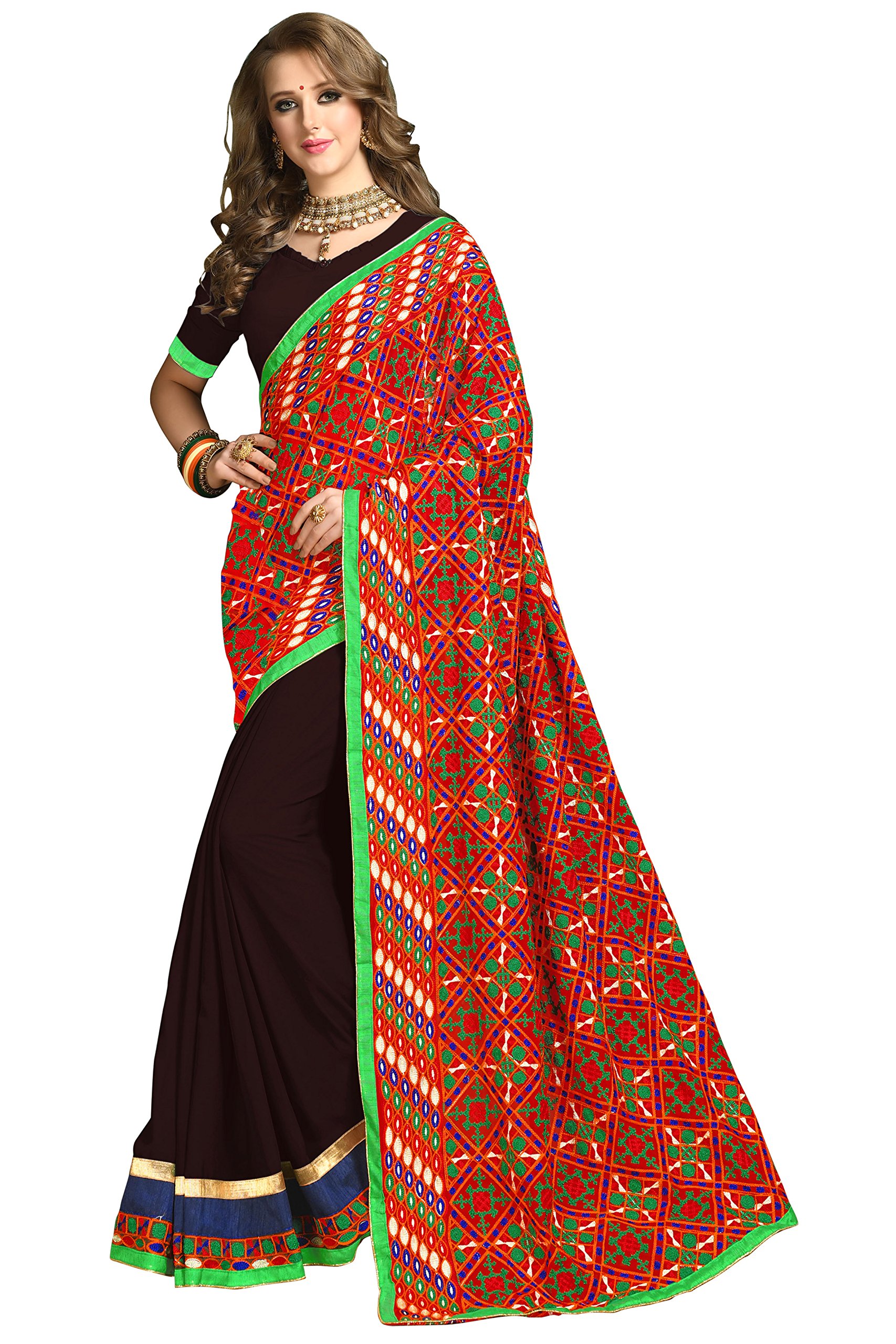 RIVA ENTERPRISE women's Georgette heavy embroidred pallu half and half saree with blouse