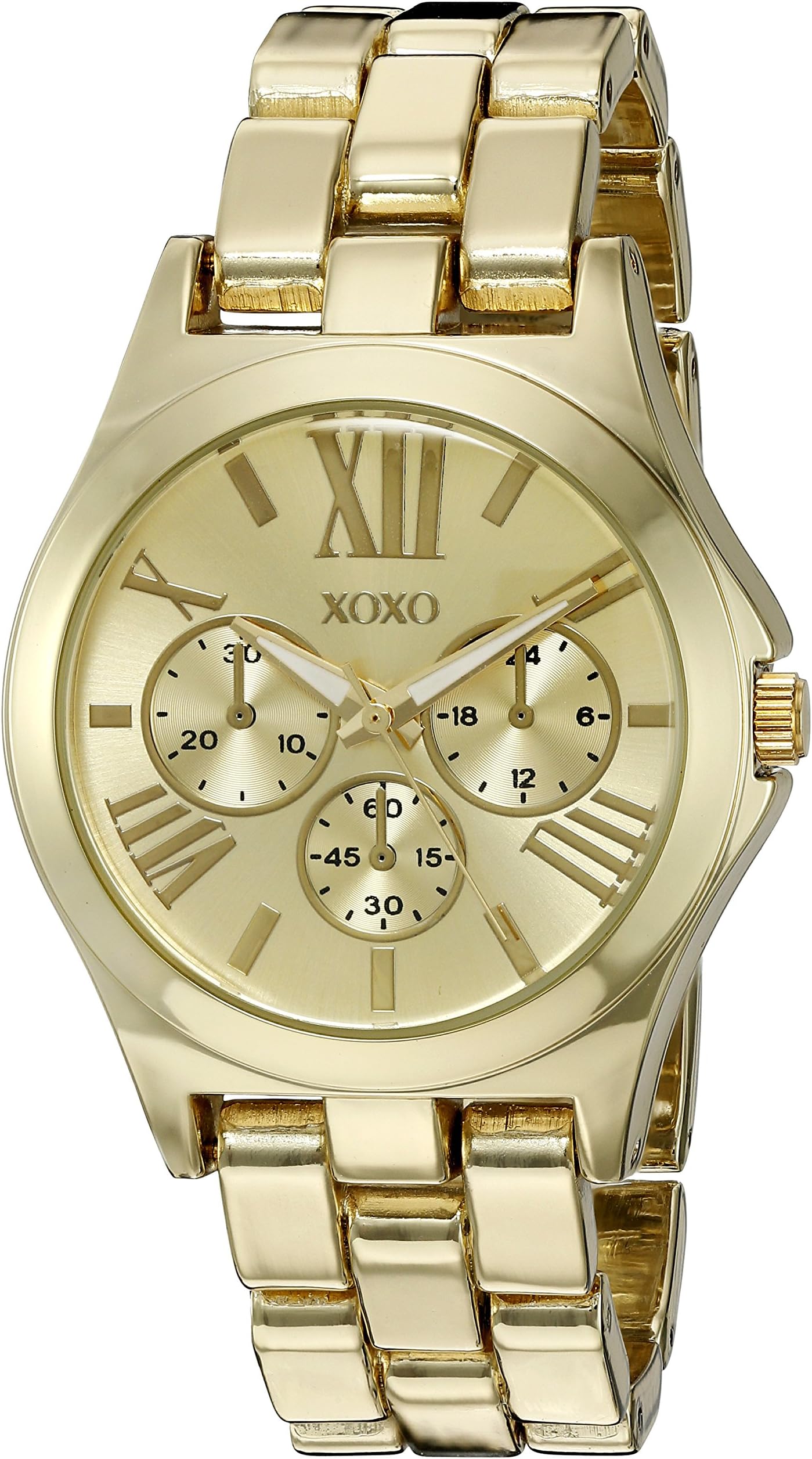 XOXO Women’s Gold-Tone Analog Quartz Watch – Polished Bracelet Style with Roman Numeral Dial and Decorative Subdials – Includes Gift Box – 36mm Case