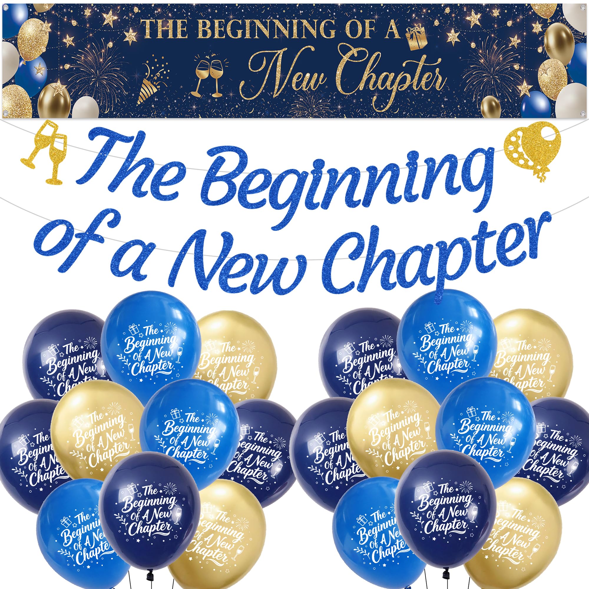 The Beginning of a New Chapter Decorations - Blue Gold Glitter Banner and Latex Balloons for Retirement, Graduation Engagement Leaving Party Supplies