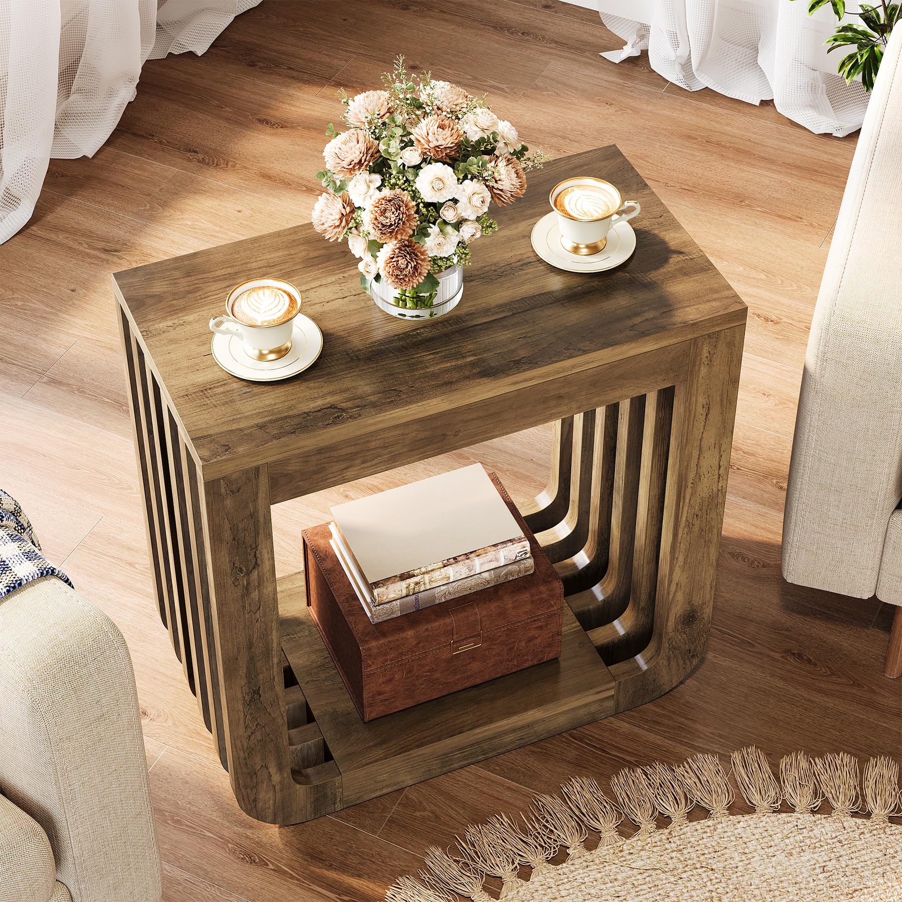 Tribesigns Side Table, Farmhouse Narrow End Table with Slatted Open Frame, Wooden Rustic Accent Sofa Side Table, Small Nightstand for Living Room Bedroom Small Spaces, Brown
