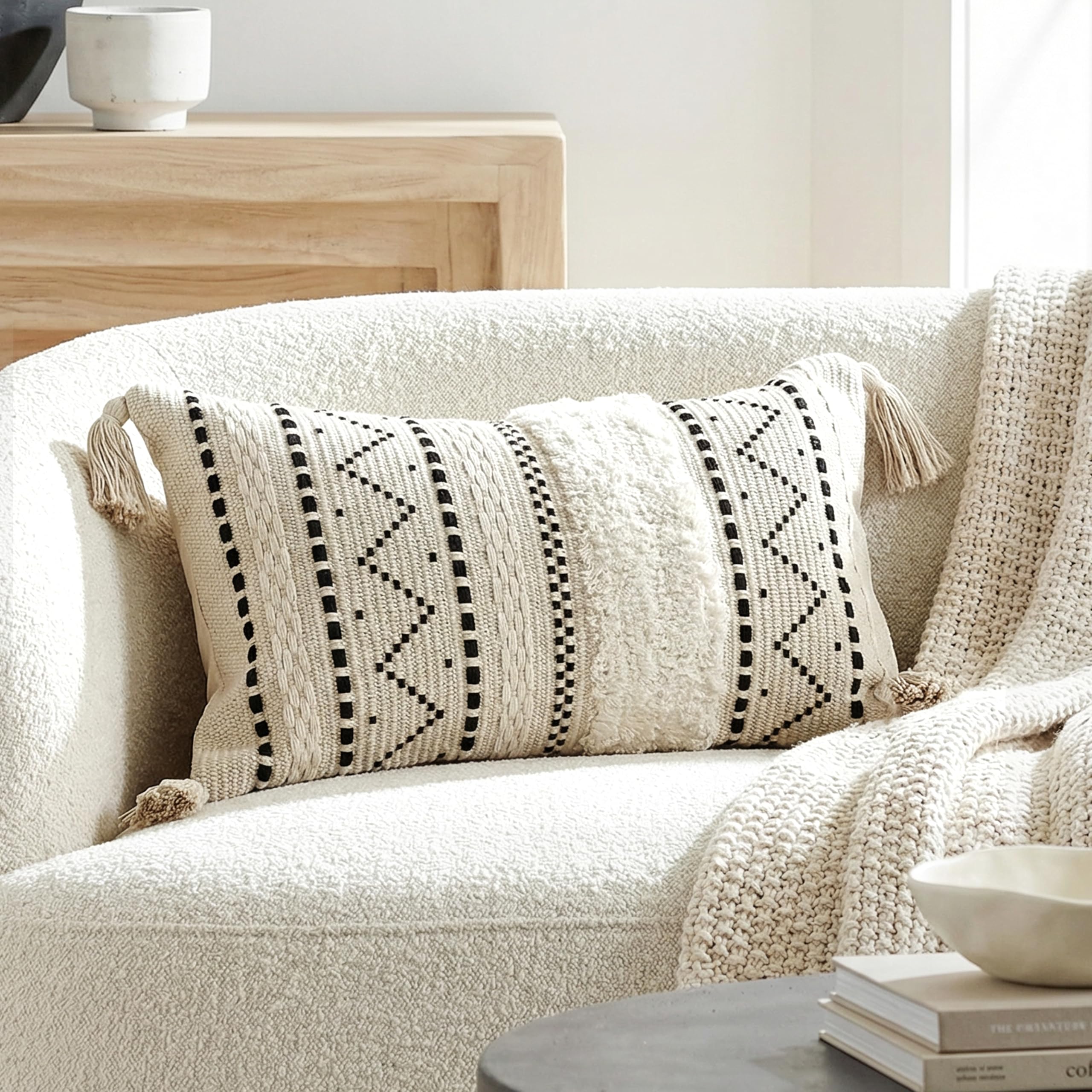 Blissblush Women's Black 12X20 Lumbar Pillow Cover, Cream Neutral Rectangular Decorative Cushion Cover With Pattern, Cotton Boho Accent Pillowcase With Tassels For Couch Sofa Living Room (Cover Only)